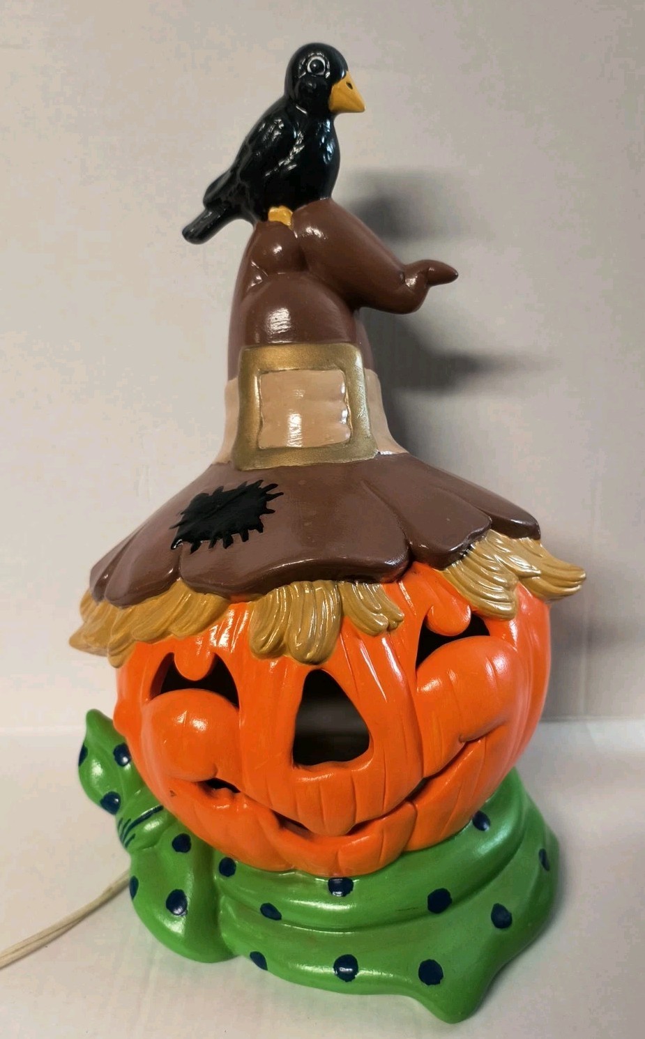 Vtg 14” Ceramic Hand Painted Pumpkin Jack O Lantern Scarecrow Halloween Light