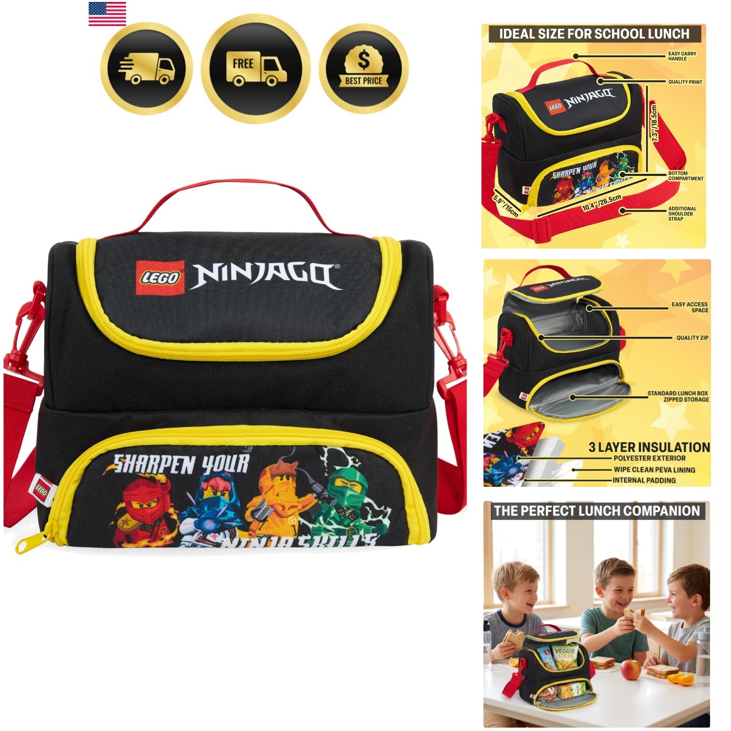 Lego Ninjago Boys Insulated Lunch Bag with Two Compartments Lego Ninjago Boys Insulated Lunch Bag with Two Compartments