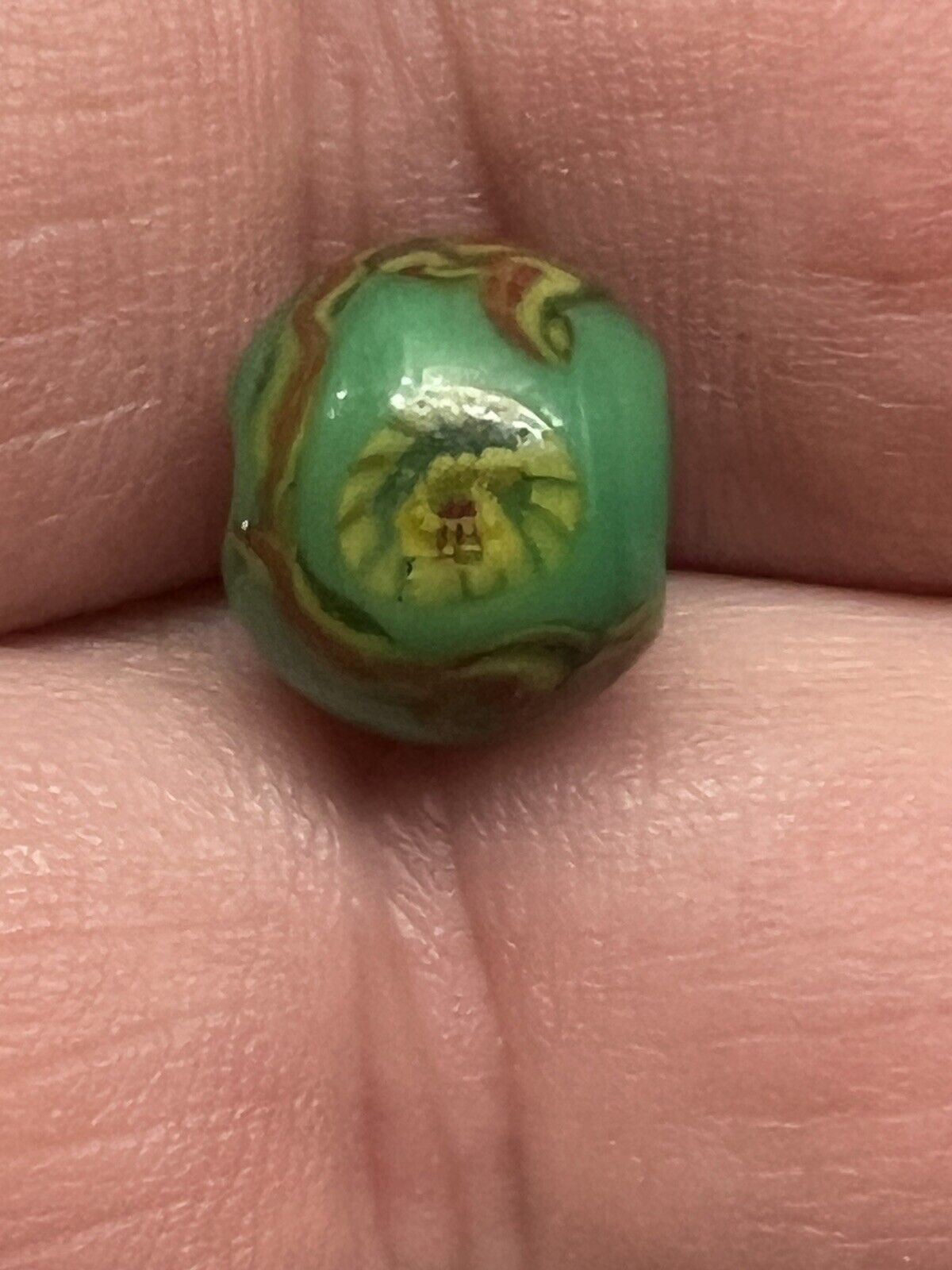 Antique Boshan Chinese Glass Bead 10.7 X 9.4 mm Green Red Gold collectible rare