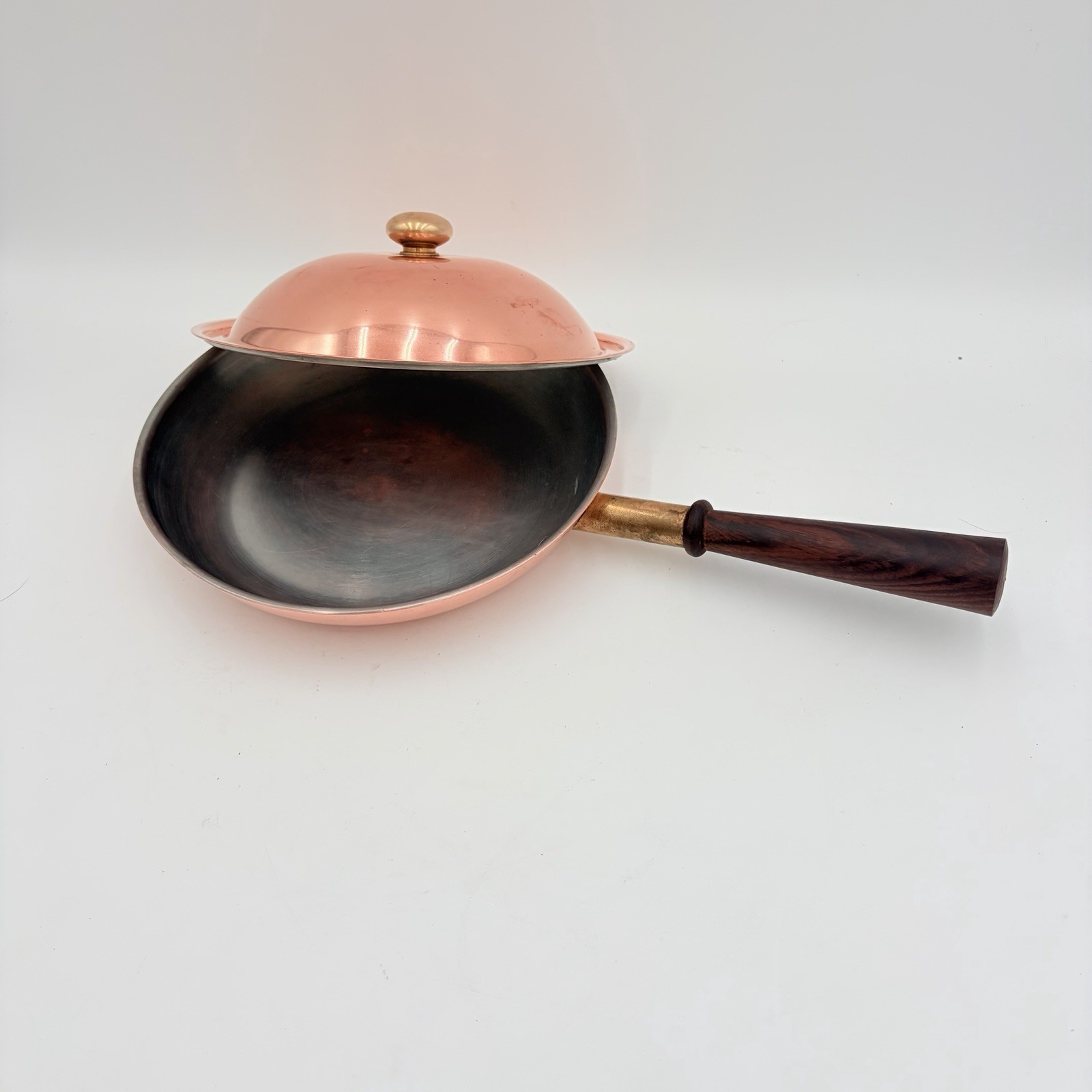 PM ITALY Copper Flambe Saute Pan Skillet Lid Wood Handle 10in