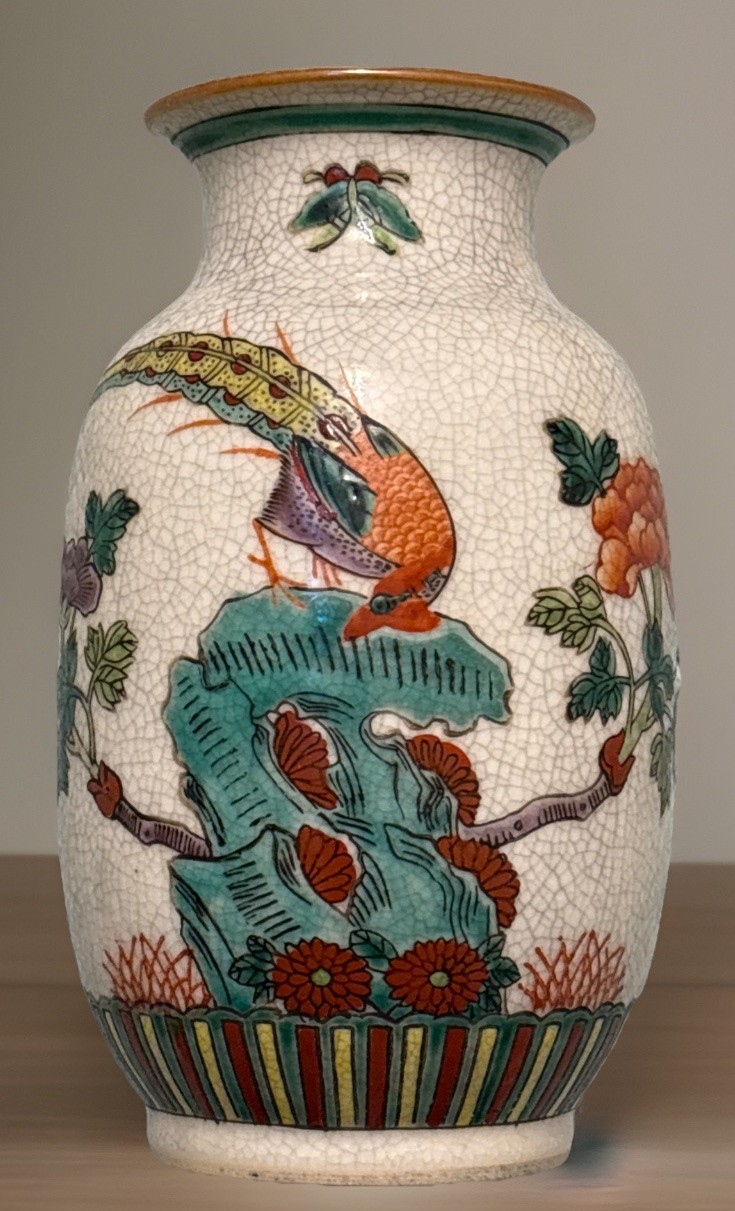 Vintage Kutani Style Vase Oriental Chinese Asian Garden Birds Flowers 6” x 4” Vintage Kutani Style Vase Oriental Chinese Asian Garden Birds Flowers 6” x 4”