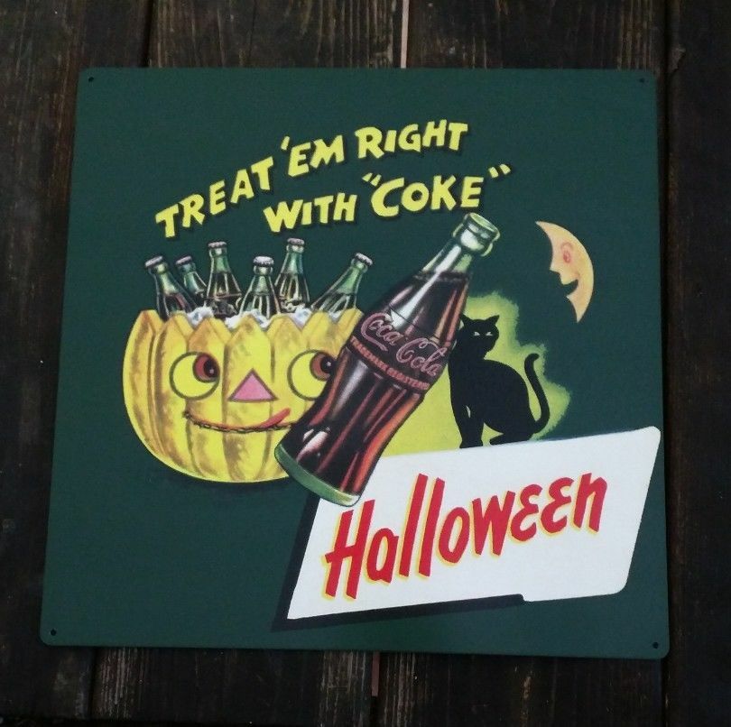 Halloween Coke Coca Cola advertisement metal Repro Sign 12x12 Black cat 50163
