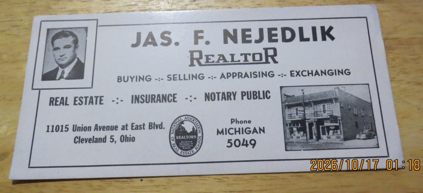 Vintage 1940s Jas F Nejedly Realtor Advertising Ink Blotter Cleveland Ohio