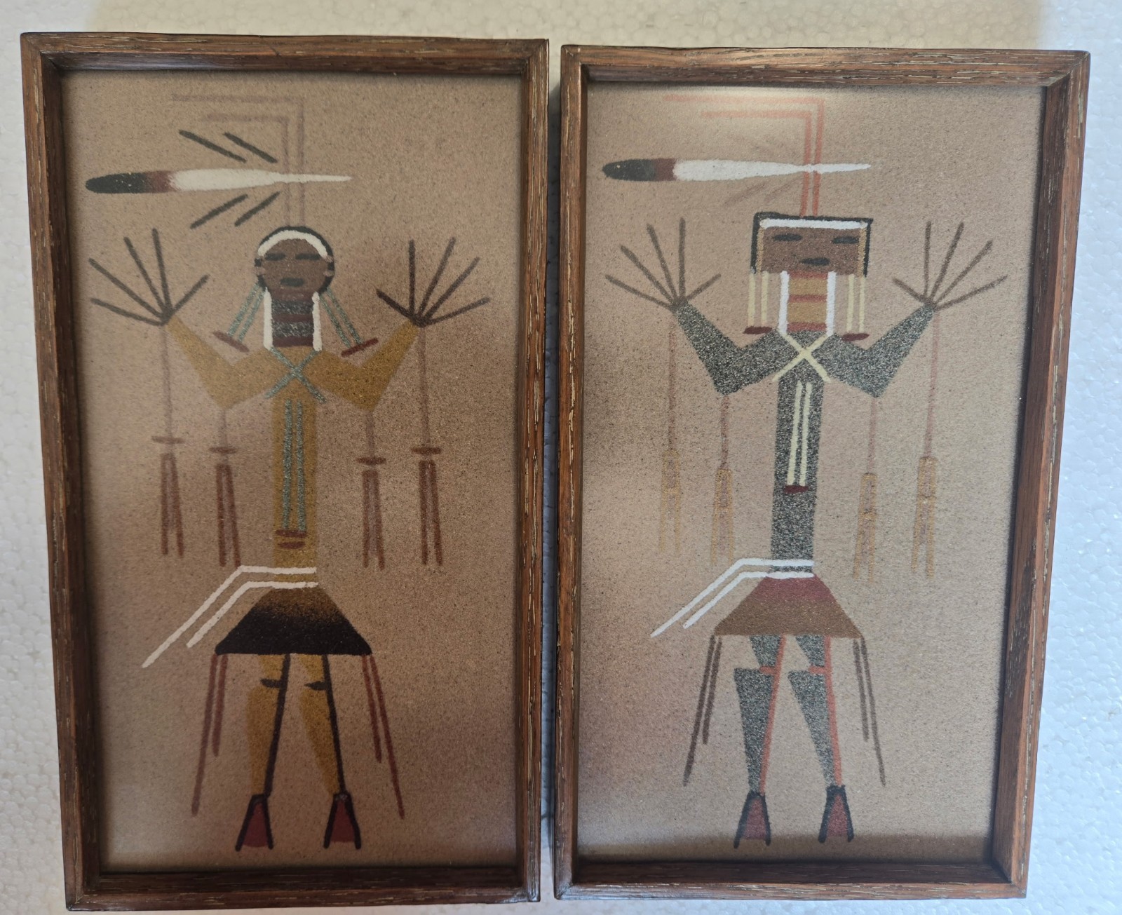 Vintage Lester Johnson Navajo Sand Paintings Pair 10x5 Signed Yei Holy God Set