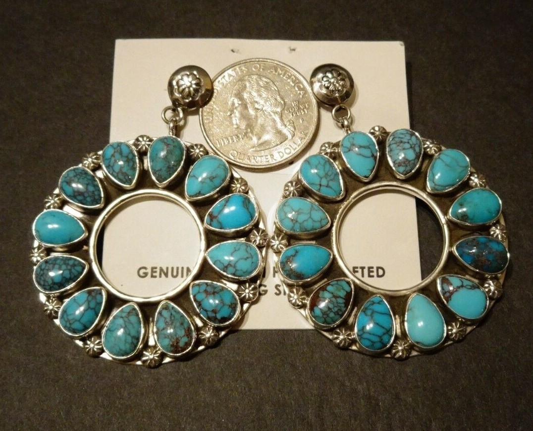 Ella Linkin NAVAJO Sterling Silver BLUE TURQUOISE Round Cluster Dangle EARRINGS