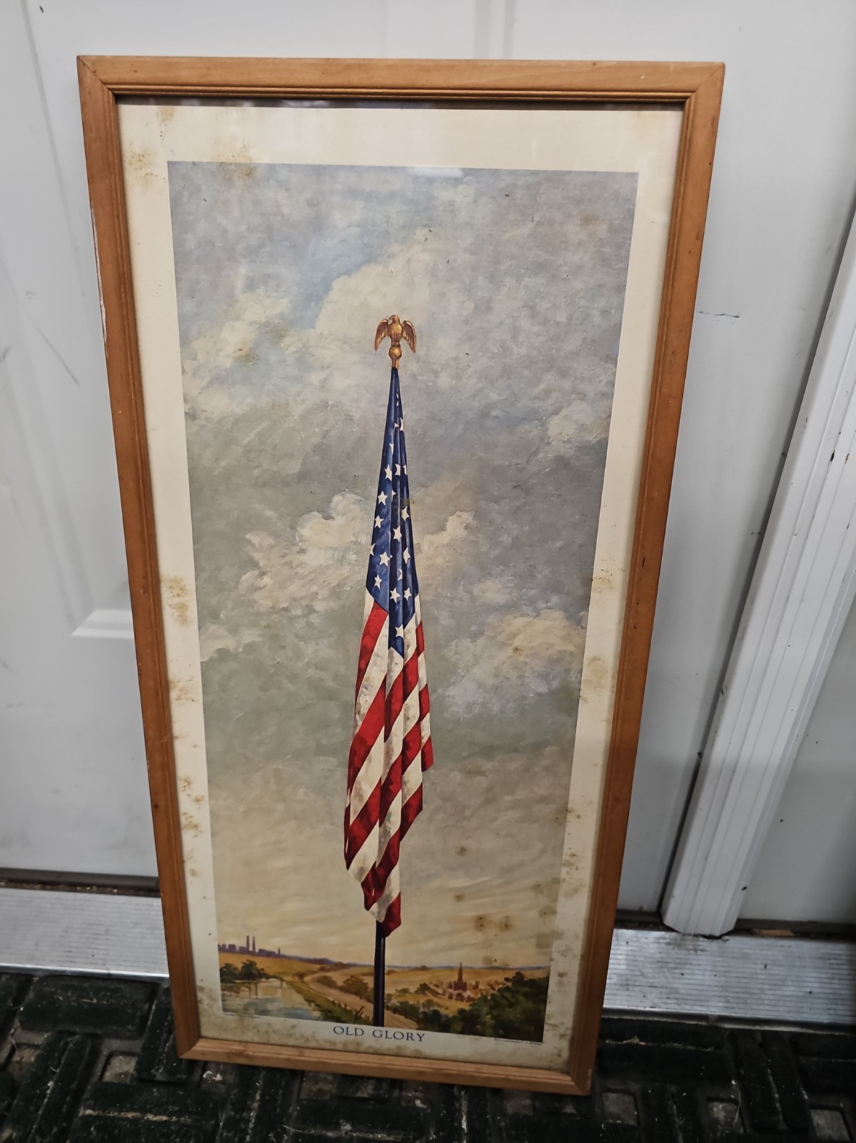 WWII Original VTG Old Glory Flag 1942 Print Of C.A. Sherman Painting Framed