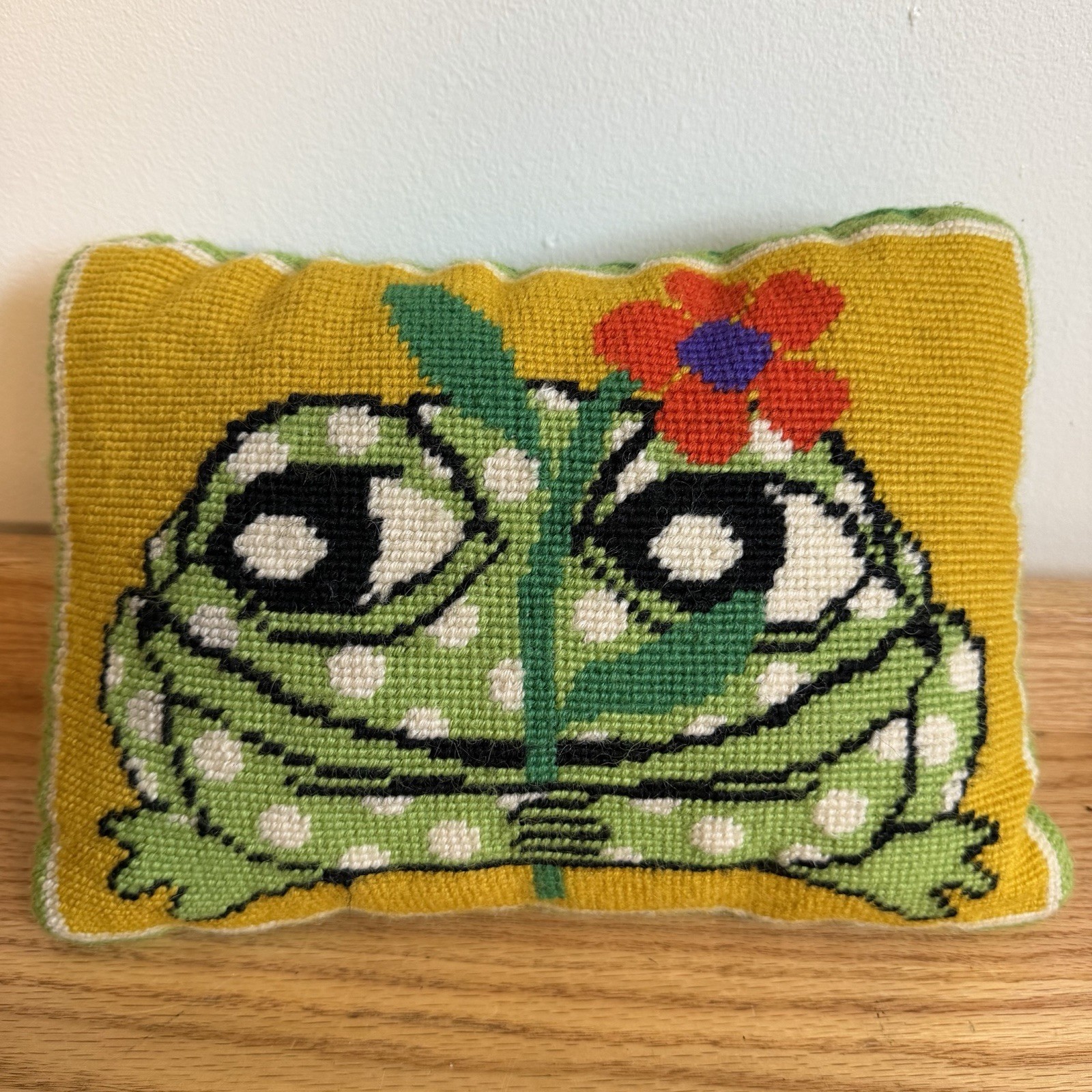 Vintage 70s Frog  Needlepoint Throw Pillow MCM Groovy Retro Boho Hippie Flower