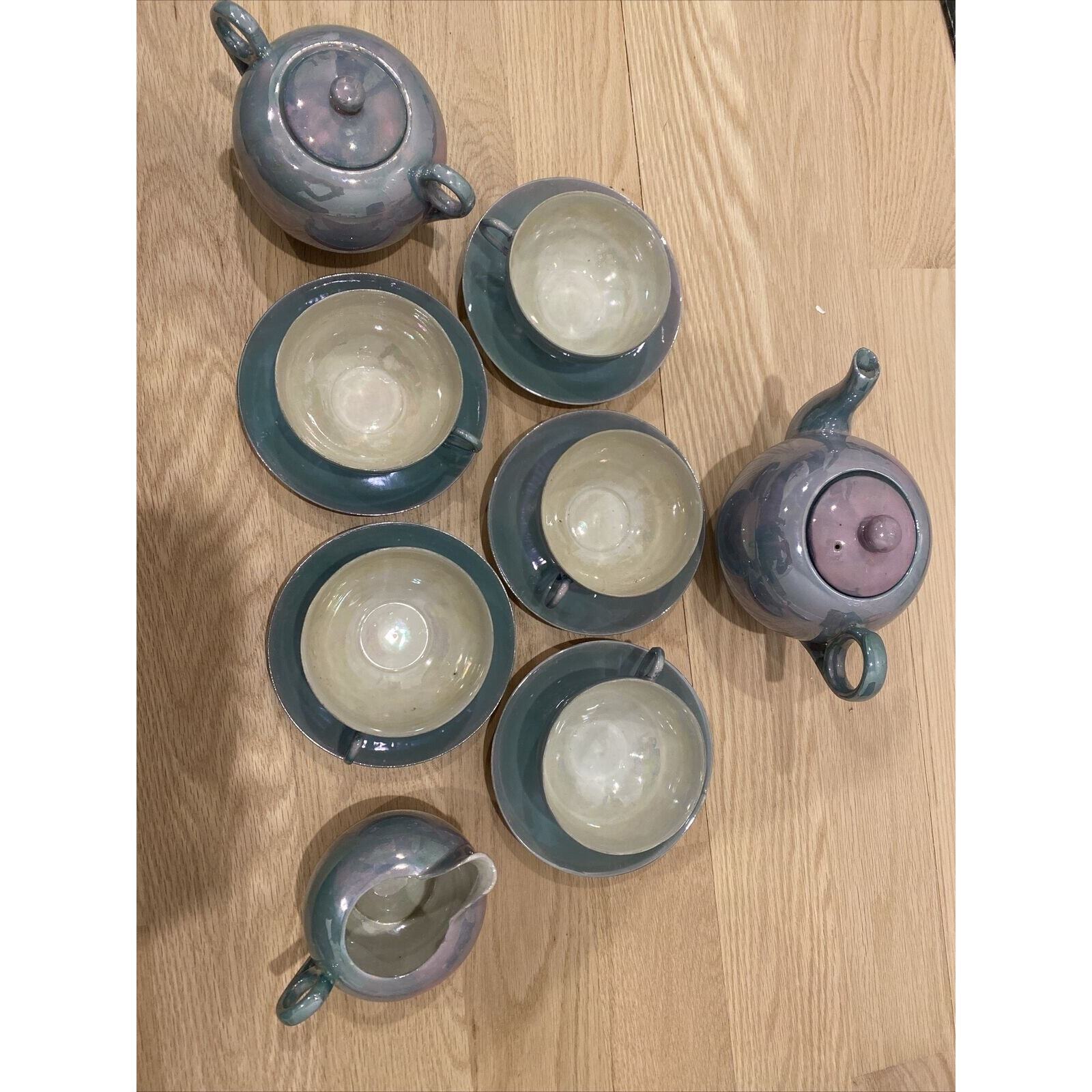 Lusterware Tea Set For 5 - Teapot, Sugar, Creamer, Cups & Saucers Japan Aqua