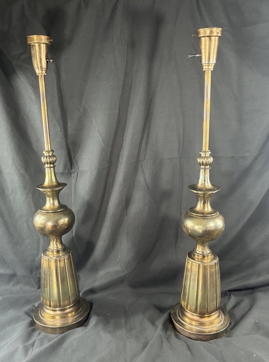 Vintage Pair Brass Table Lamps Tall Urn Column Hollywood Regency Neoclassical