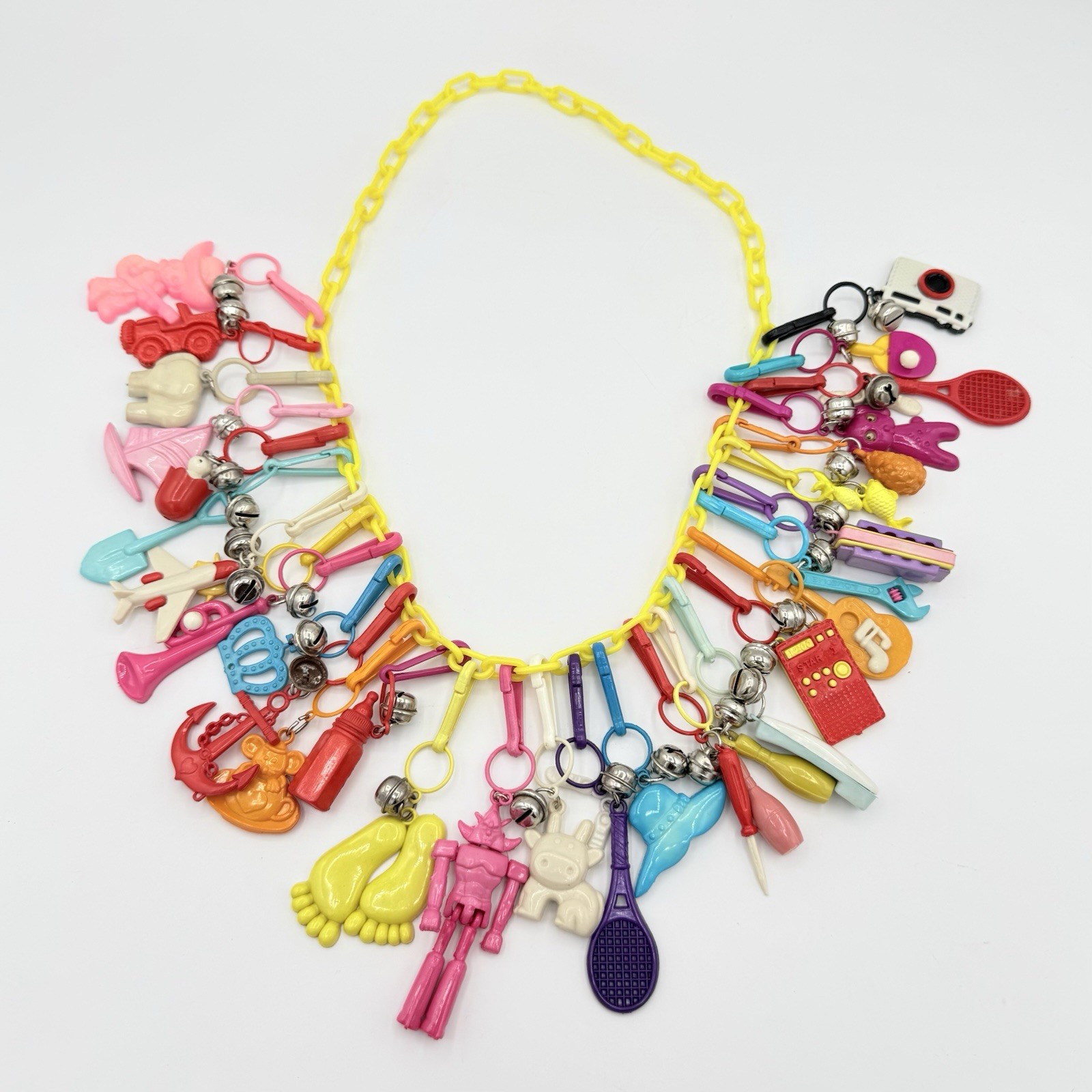 Vintage 1980s Plastic Bell Clip On Plastic Charm Necklace W/ 30+ Charms - #4 Vintage 1980s Plastic Bell Clip On Plastic Charm Necklace W/ 30+ Charms - #4
