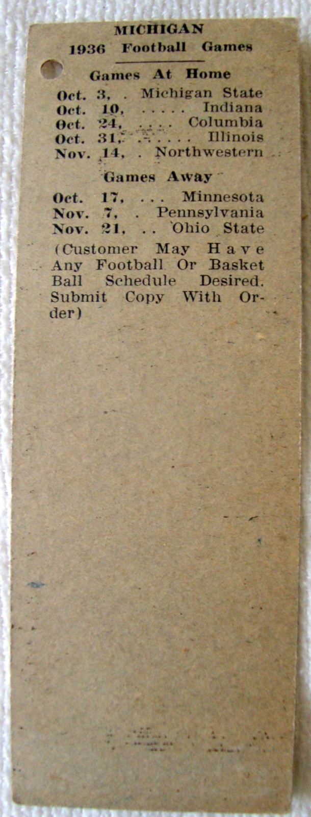 1936 MICHIGAN UNIVERSITY FOOTBALL SCHEDULE ON POLITICAL MATCHBOOK COVER 1936 MICHIGAN UNIVERSITY FOOTBALL SCHEDULE ON POLITICAL MATCHBOOK COVER