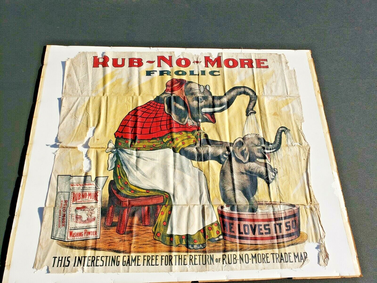  P&G Linen Rub-No-More Washing Powder advertising. Pin the tail on the elephant.