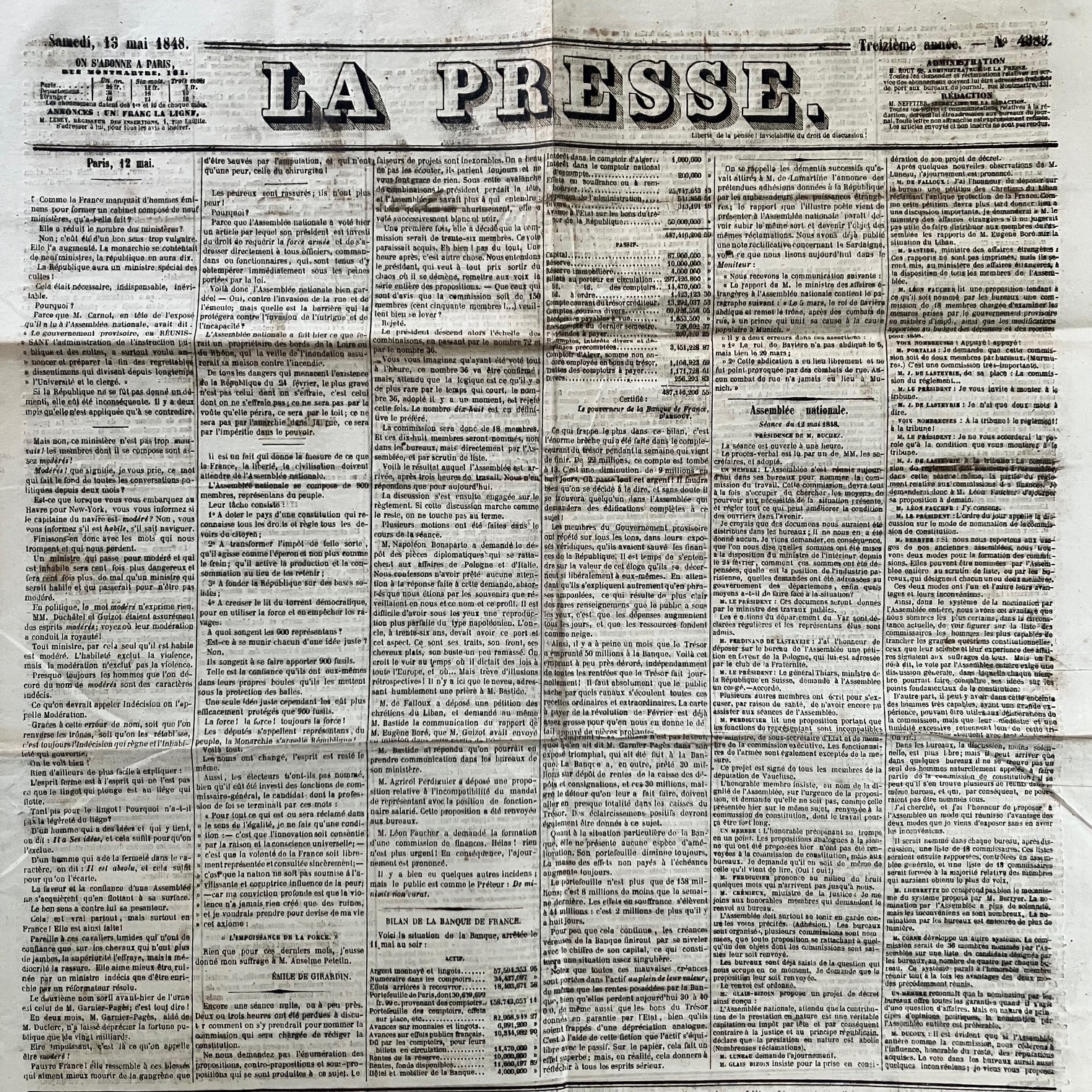 Journal LA PRESSE 13 May 1848 # Émile de Girardin, Second Republic