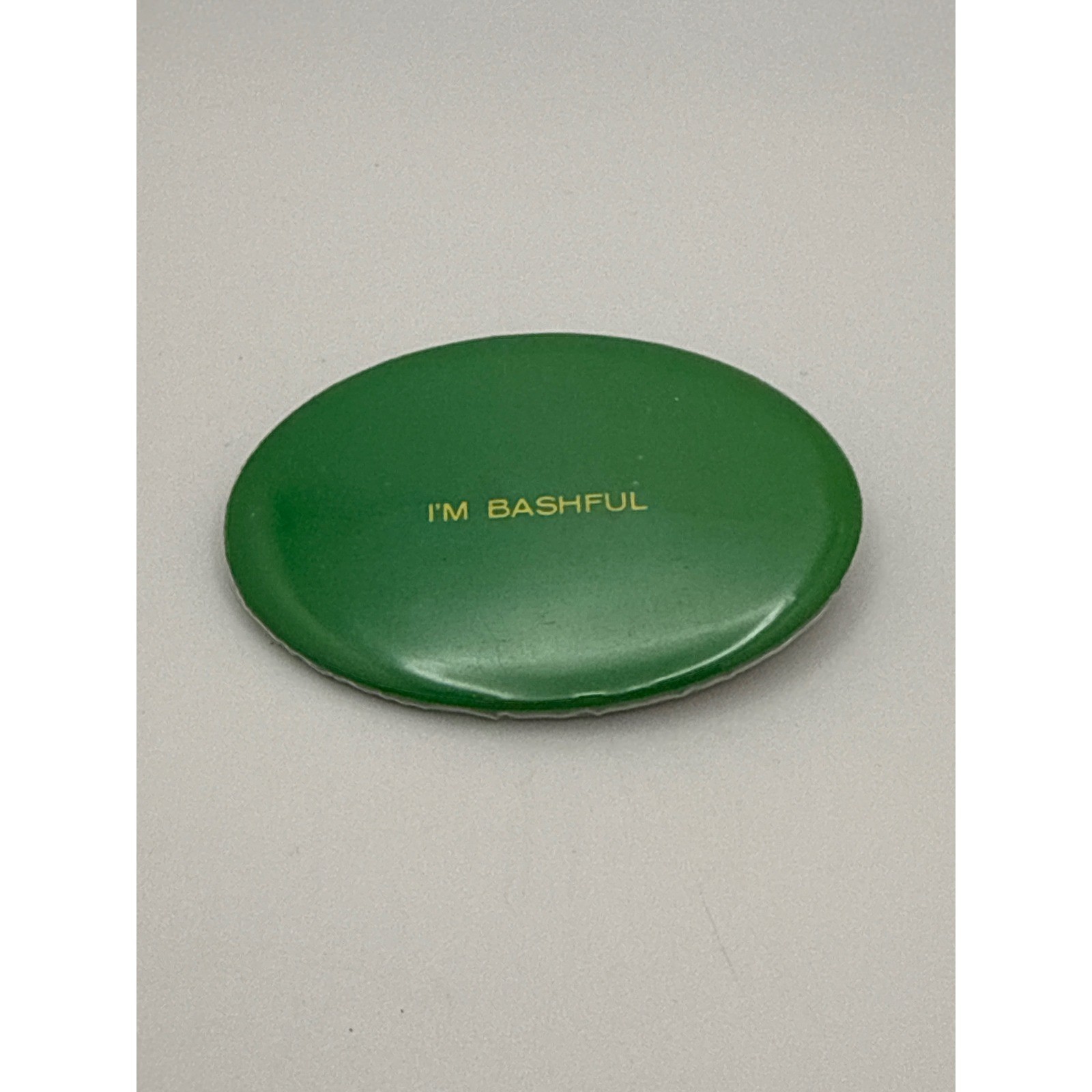 Vintage 1974 Swir Industries I\'M BASHFUL Green Oval Pinback Button Retro Novelty