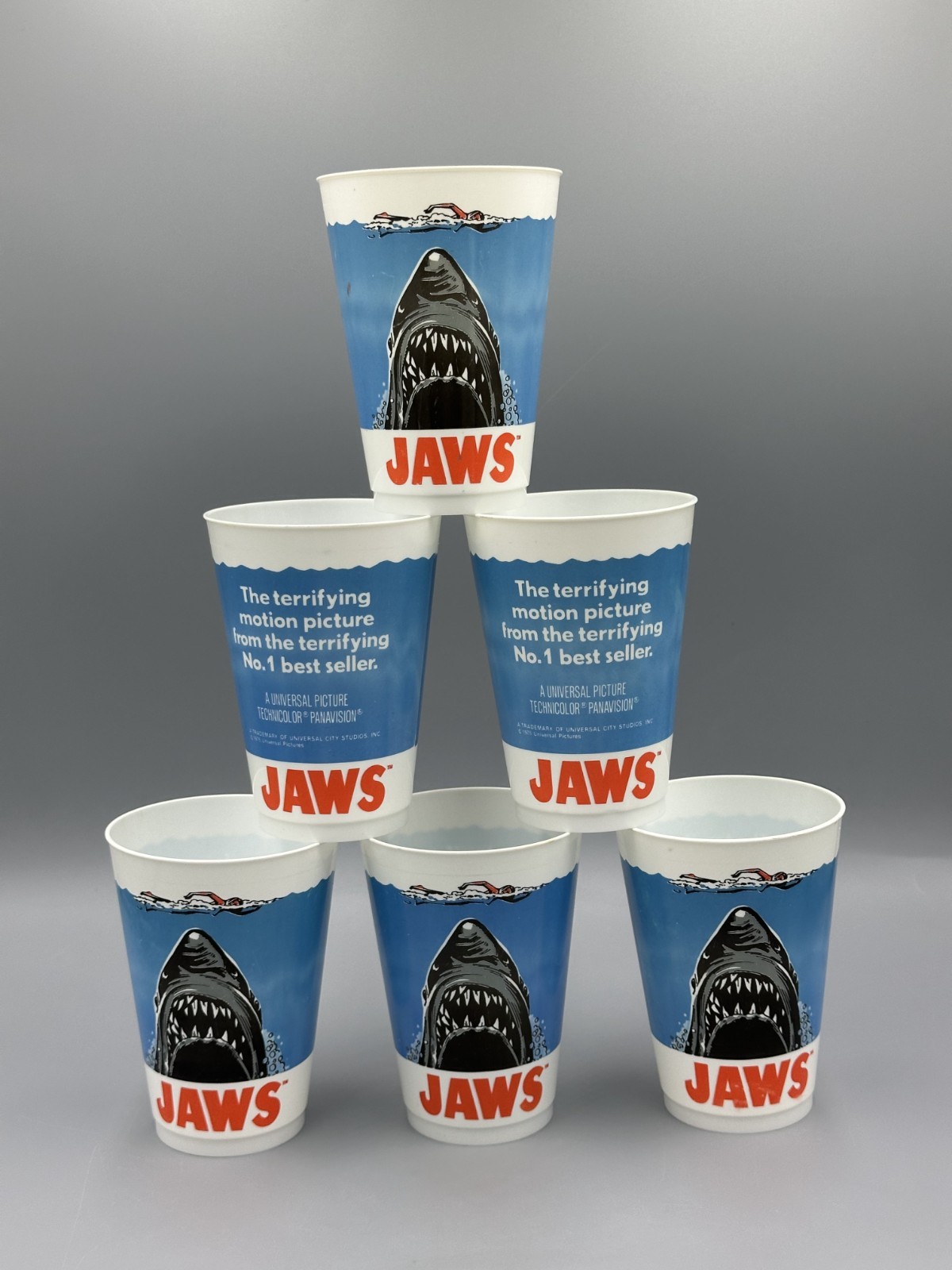 1975 JAWS Movie UNIVERSAL PICTURE Shark Set 6 Vintage Original Plastic Cup Promo