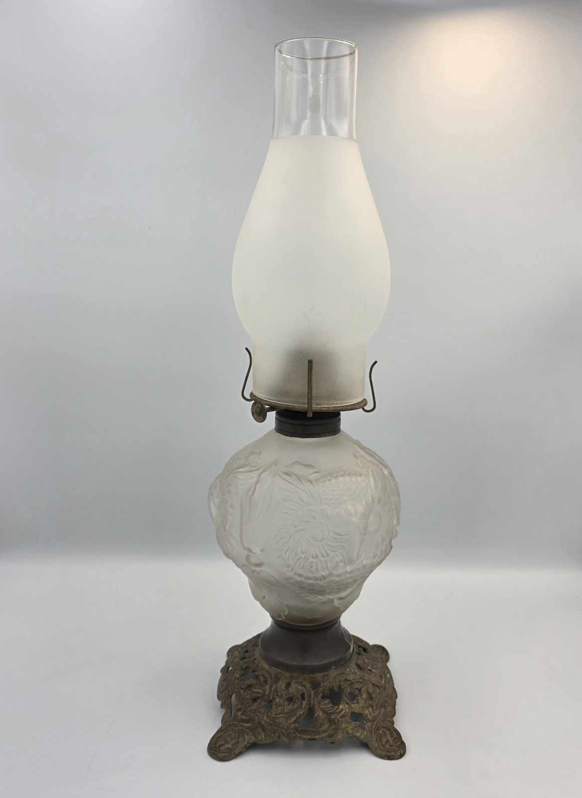 Antique Victorian EAPG Embossed Frosted Glass Owl Oil Lamp 17