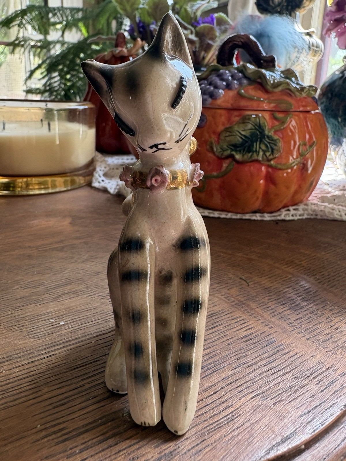 Vintage 1950s-1960s MCM Japan Tall Slender Striped Cat Gold Collar w/Pink Roses Vintage 1950s-1960s MCM Japan Tall Slender Striped Cat Gold Collar w/Pink Roses