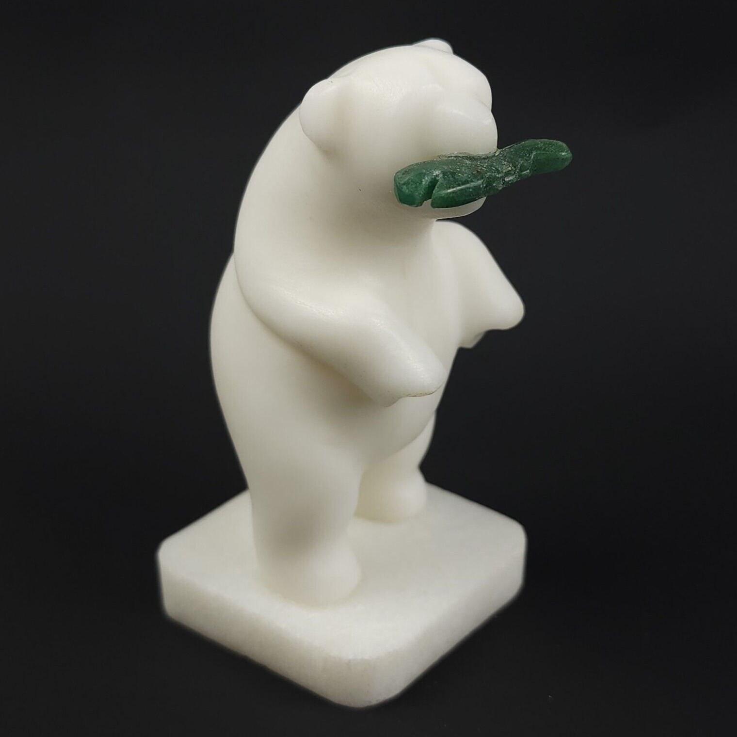 Cassiar Jade Figurine Carved White Marble Bear Green Fish In Mouth Statue 3.5\