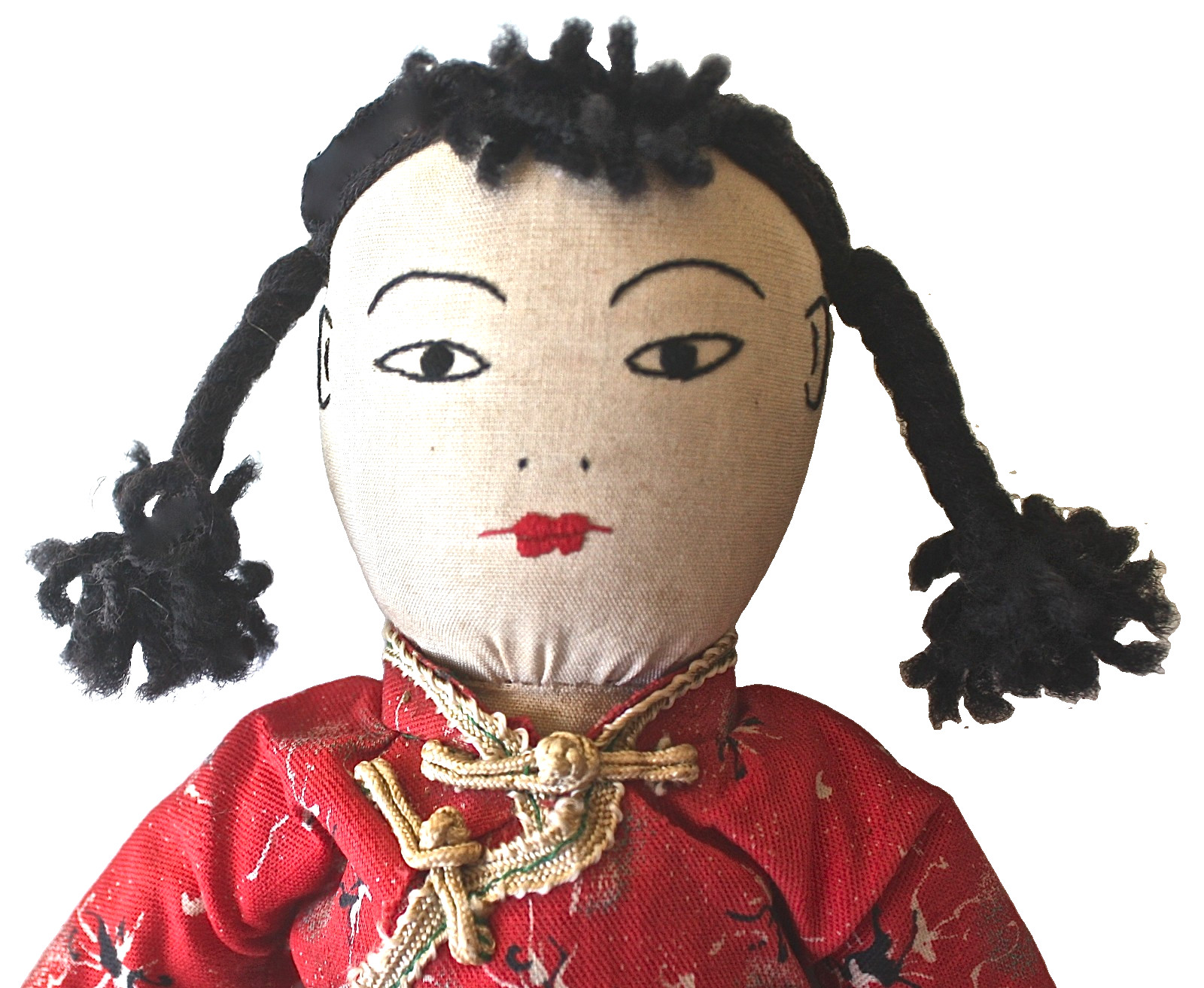 Vintage Asian Chinese Cloth Doll Girl with Pigtails Handmade
