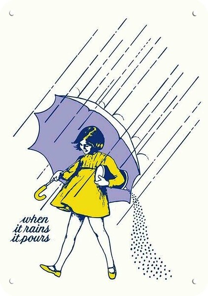 1968 MORTON\'S SALT Girl Umbrella Rains it Pours DECORATIVE REPLICA METAL SIGN
