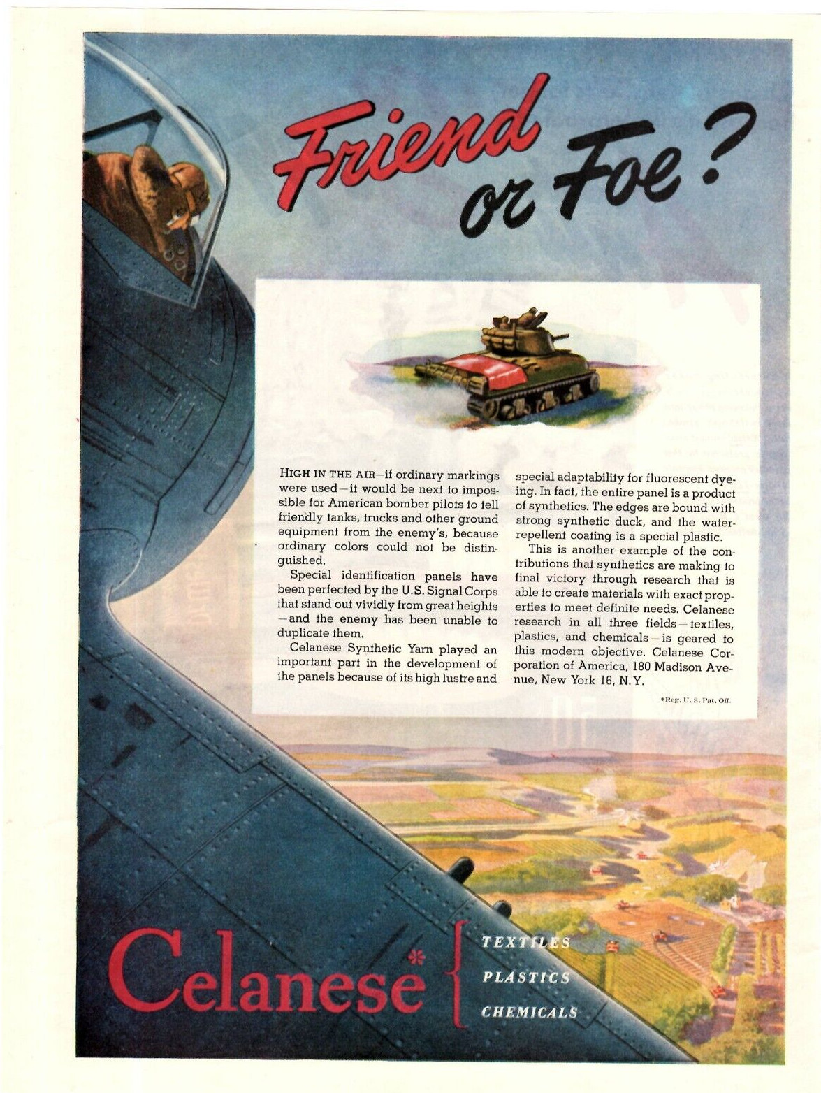 1945 Print Ad Celanese Textiles Plastics Chemicals WWII Illustration Plane Tank