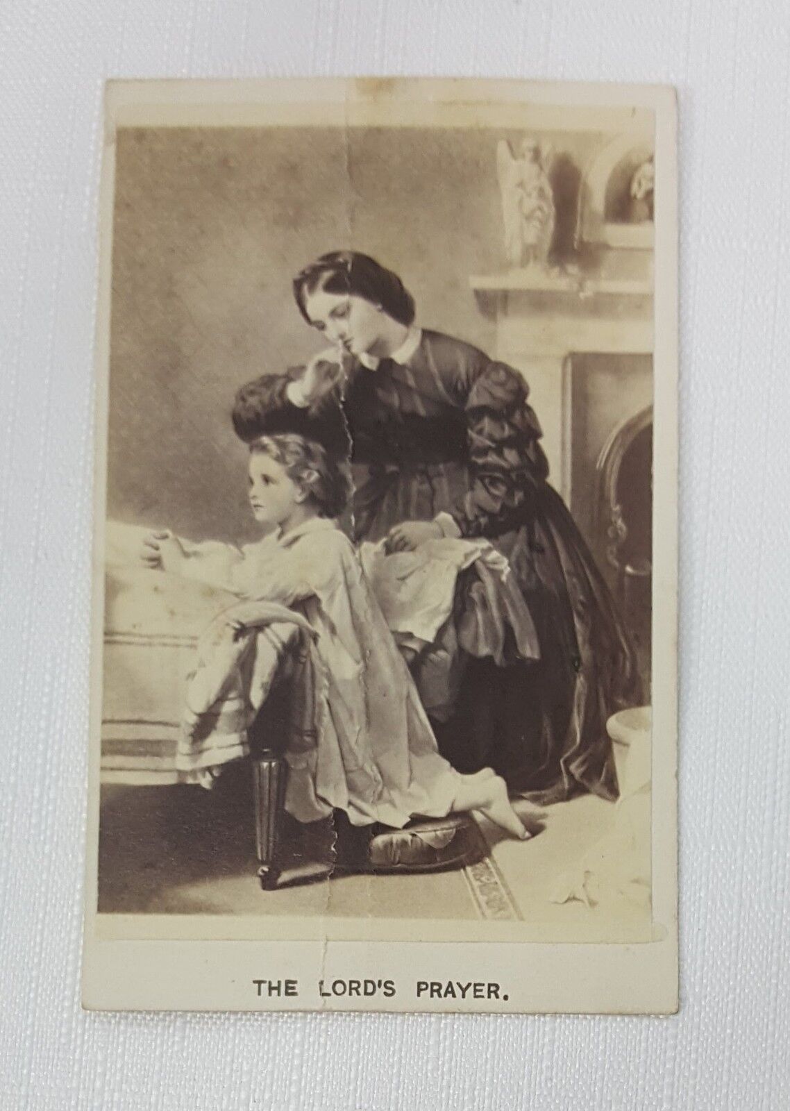 Cabinet Card young girl with mother praying bedside The Lords Prayer