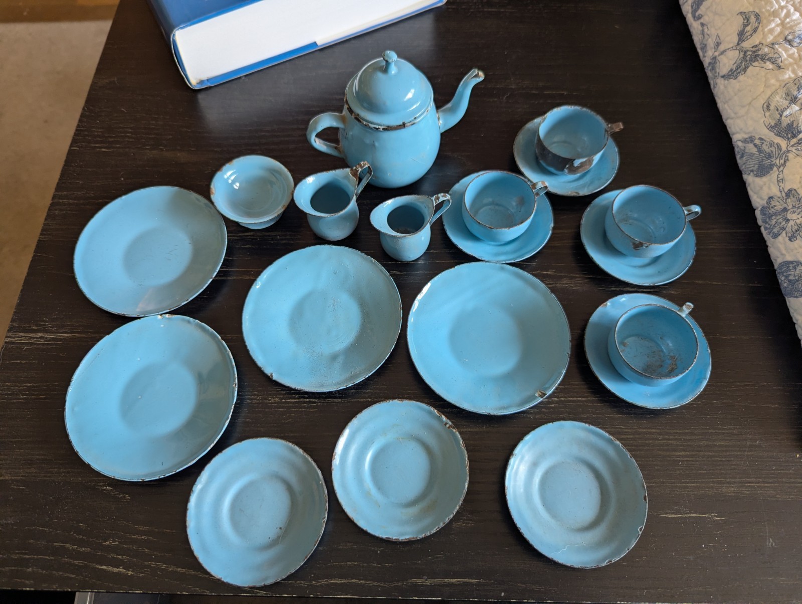 Graniteware Farmhouse Vintage Teapot Antique Children's Toy Tea Set Enamel Decor