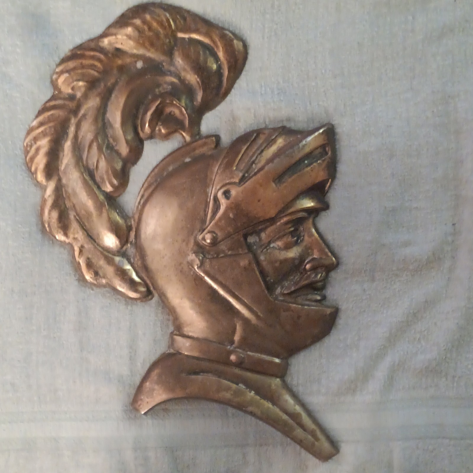 vintage  copper metal knight helmet wall  plaque 