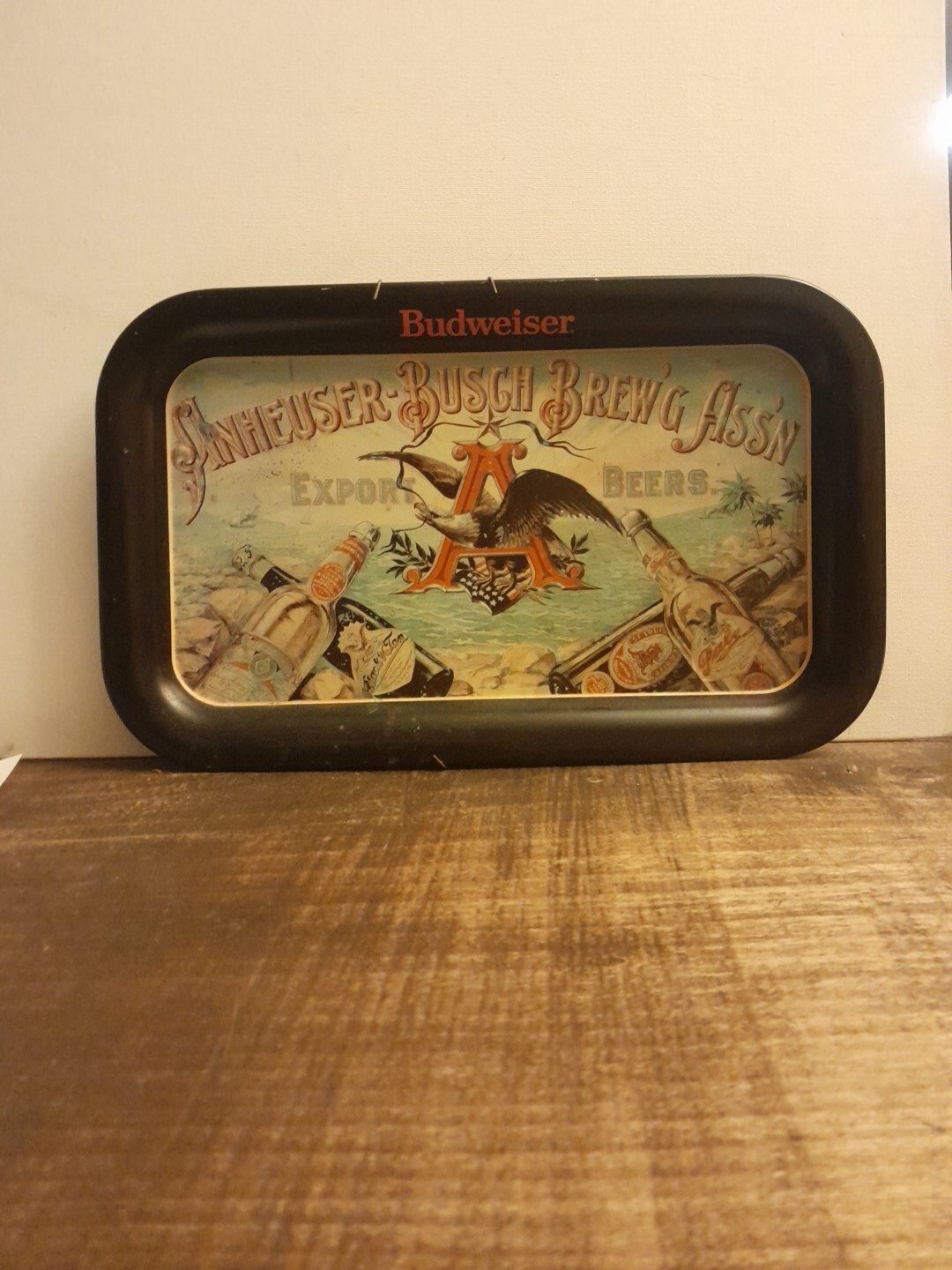Vtg Anheuser Busch Export Beers Metal Serving Tray Tin Budweiser Brewing 1987