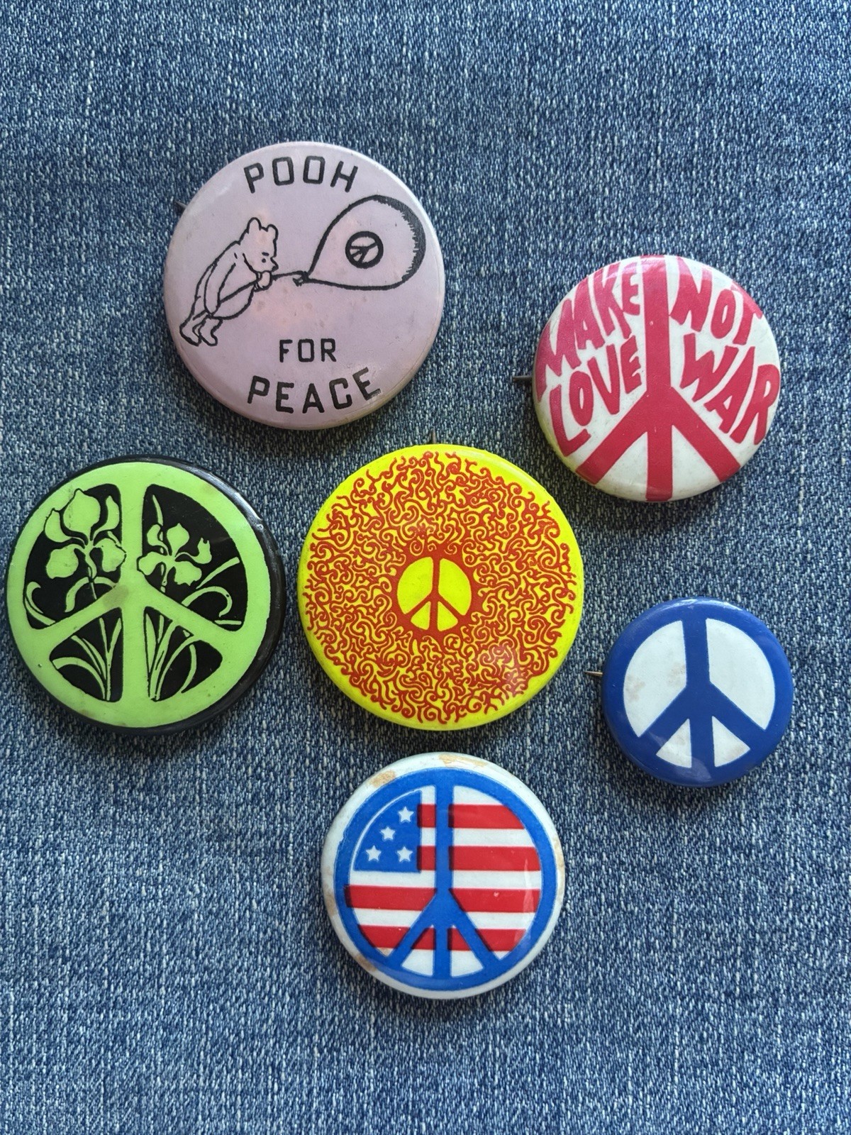 N.O.S. 60's ANTI-WAR,  PEACE SIGN PROTEST, 6 Pinback Button Badge Collection