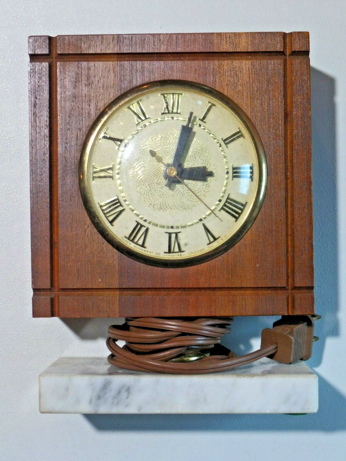 Lanshire Wood Clock on Marble Pedestal Electric Works Missing Trophy?