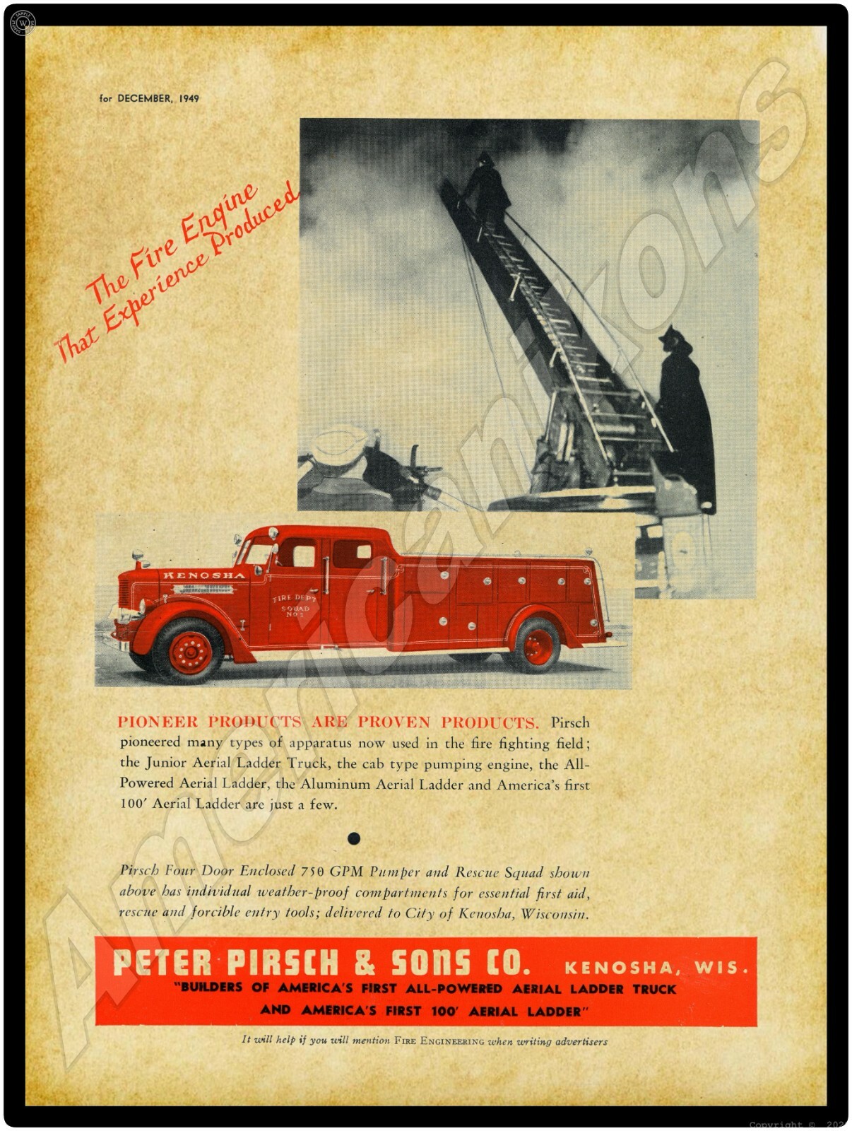 1949 Peter Pirsch Aerial Ladder Fire Truck New Metal Sign: Kenosha Fire Dept.