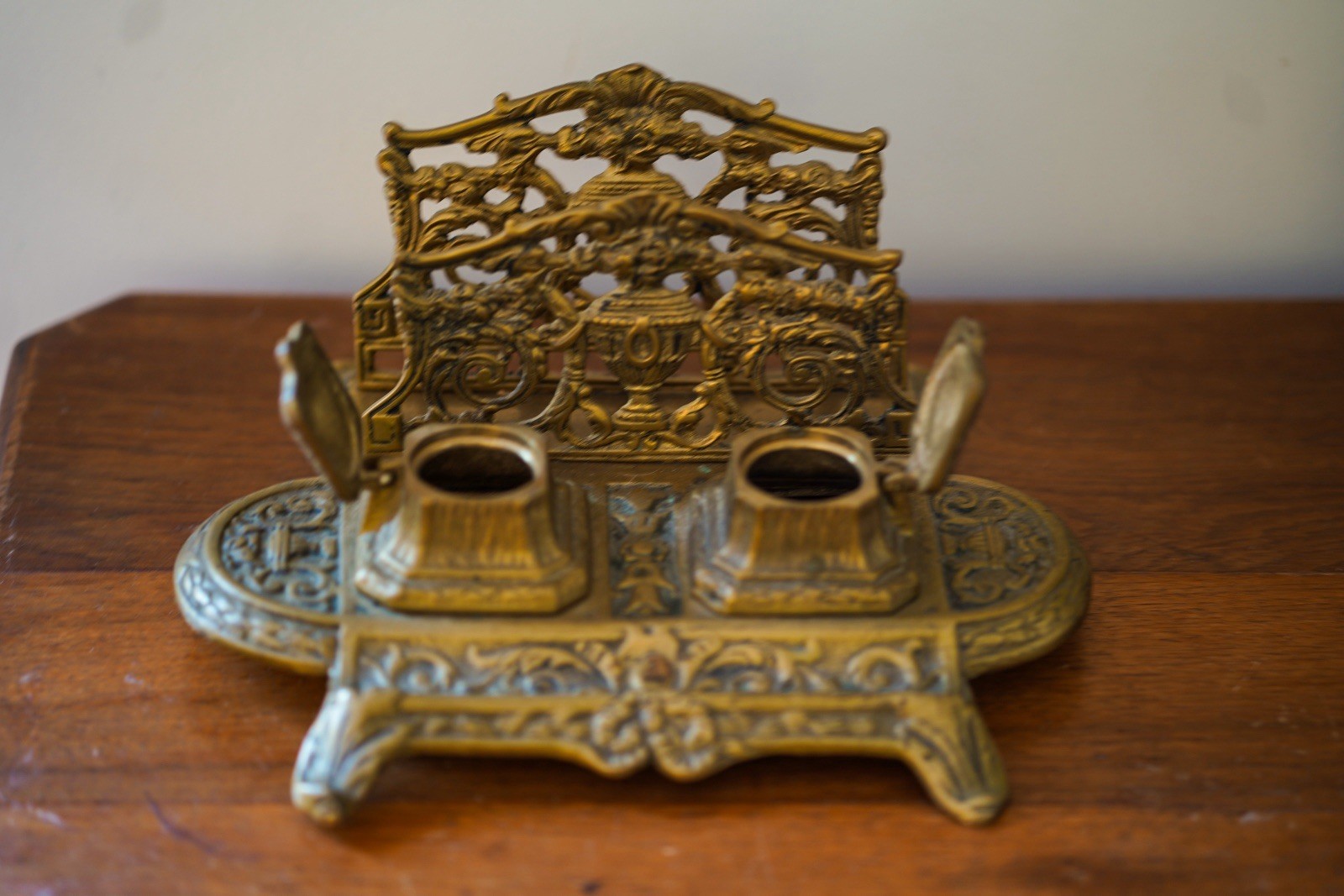 Antique French Ornate Brass Double Inkwell Desk Organizer