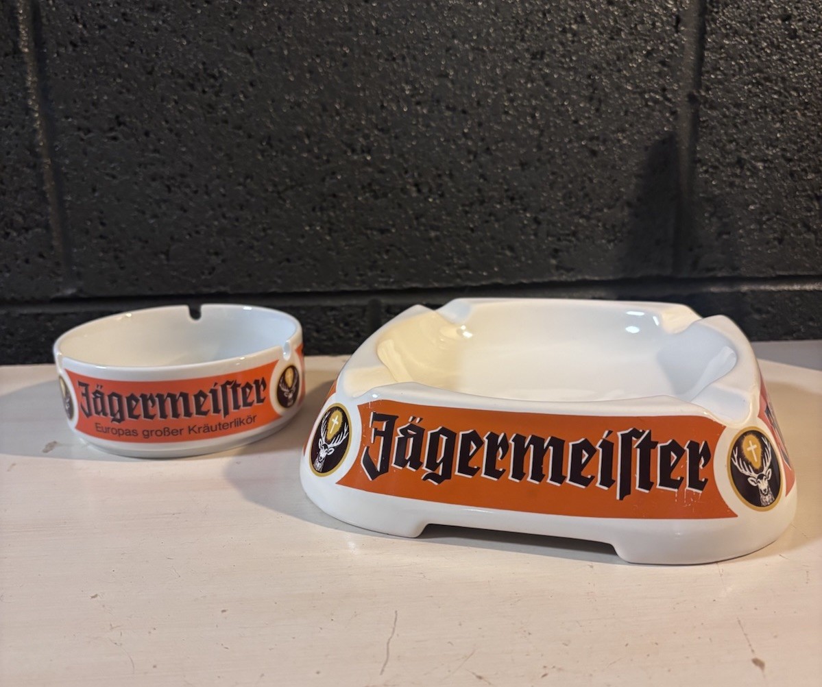 Vintage Jägermeister Ceramic Ashtray Set Large Square & Round Bar Advertising