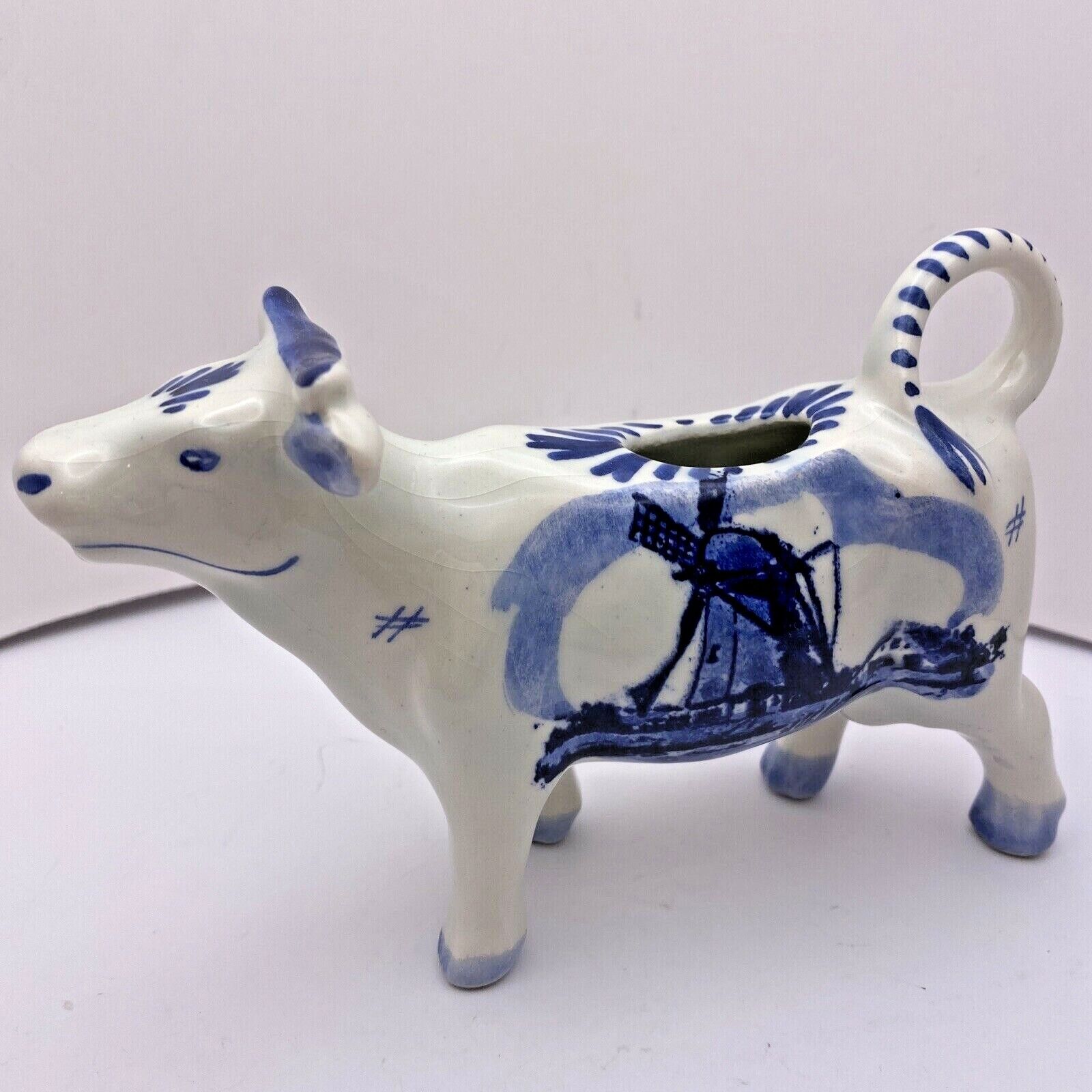 Antique Delft Blue & White Cow Creamer Hand-painted Marked Windmill Floral Motif