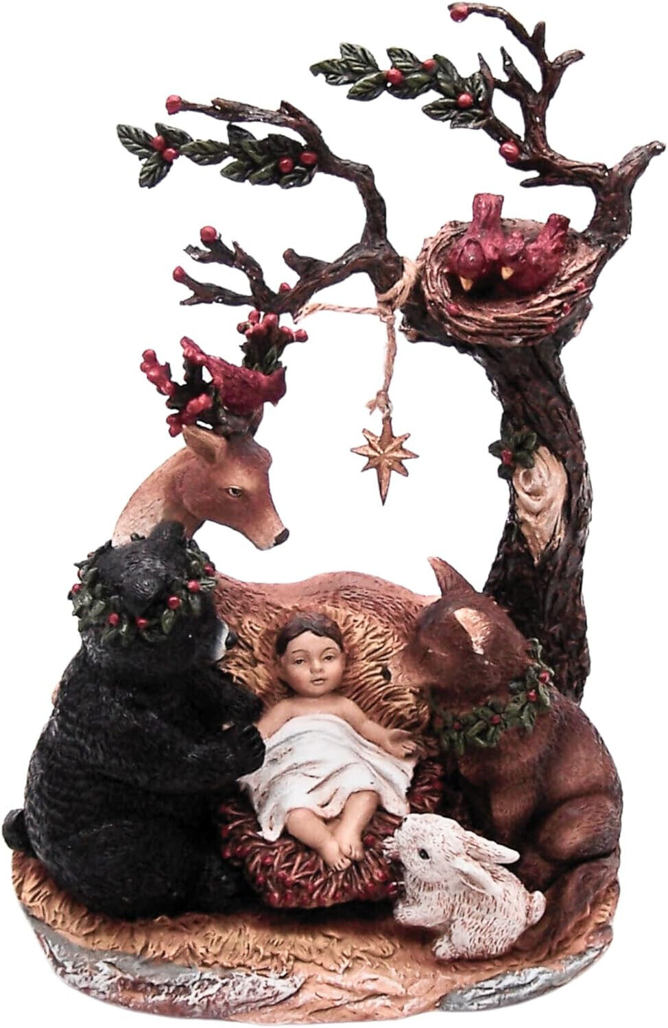 Freestanding Religious Figurine Featuring Baby Jesus Surrounded by Wildlife
