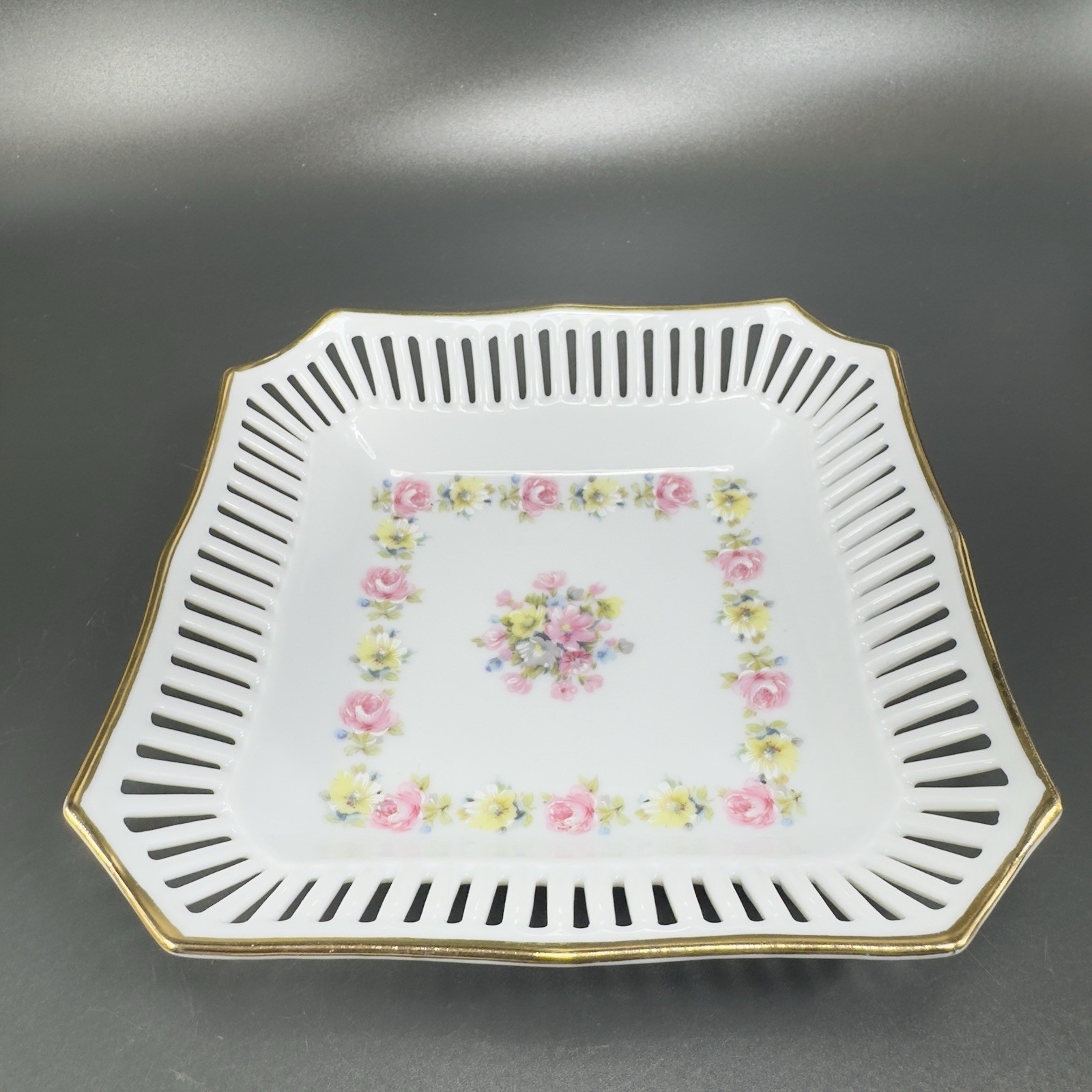 Schwarzenhammer Bavaria Hand Painted Square Reticulated Edge Dish Tray Plate VTG