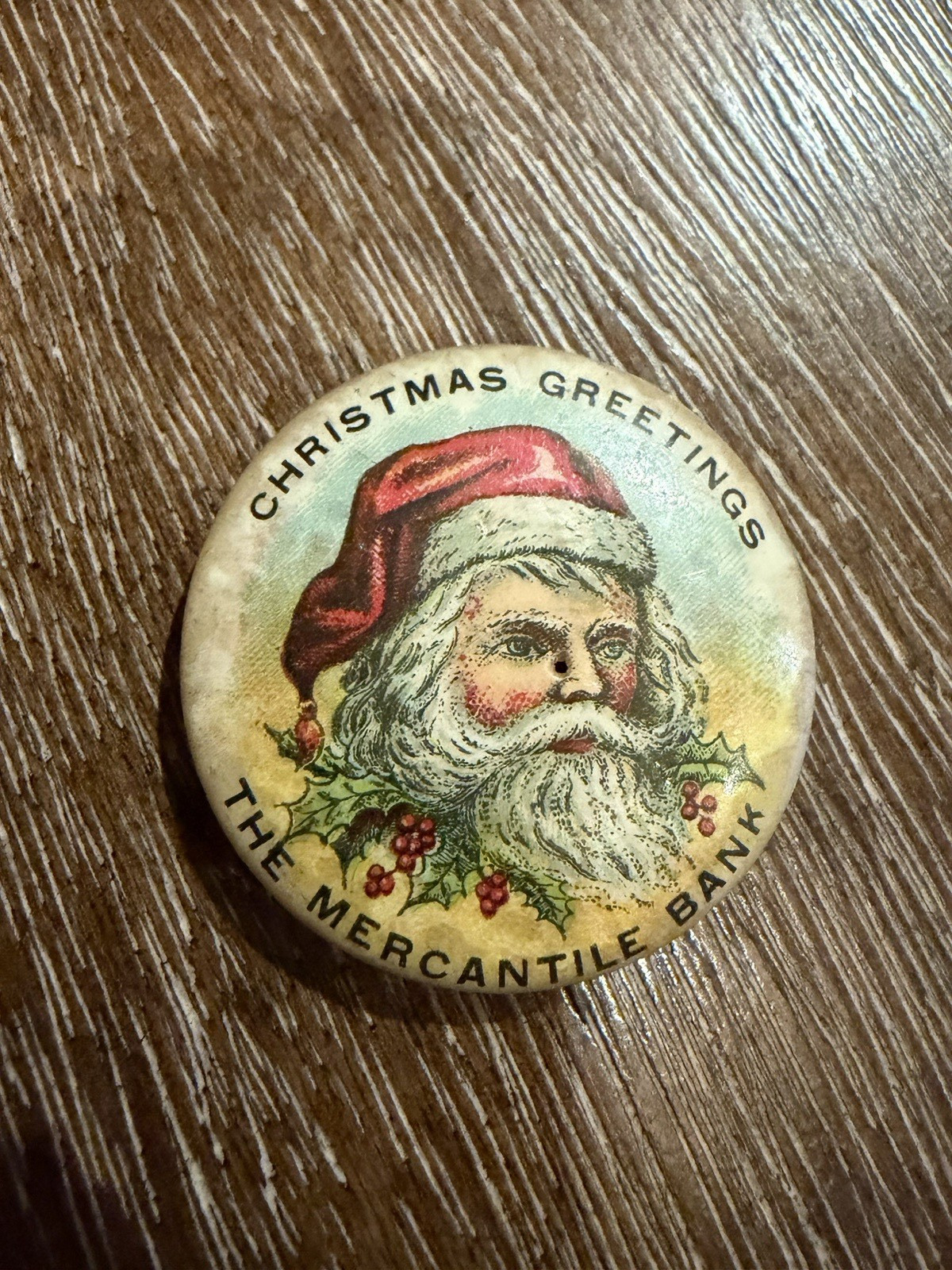 THE MERCANTILE BANK SANTA CLAUS CELLULOID ANTIQUE PIN JAMES SPENCER PHILADELPHIA