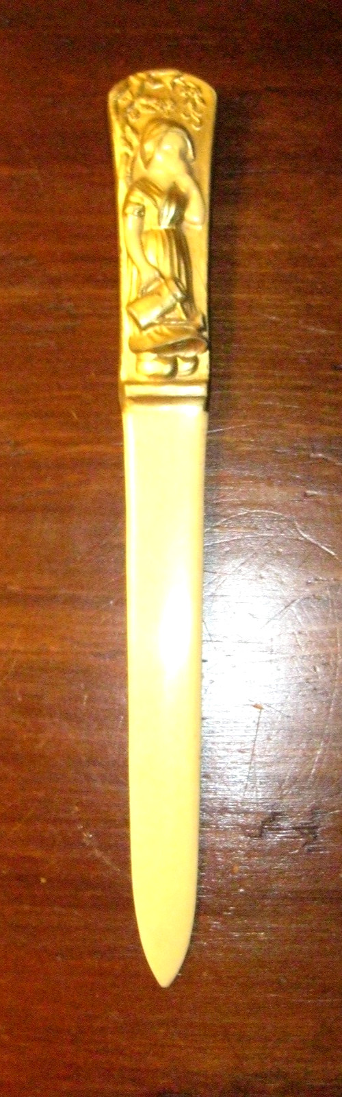 Antique Celluloid Letter Opener Girl Watering Flowers in Relief Gilded  7 5/8\