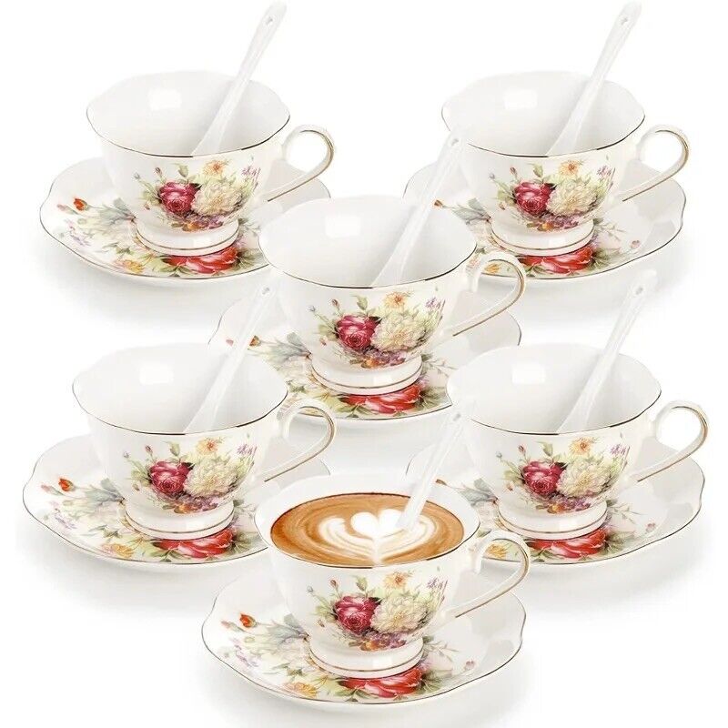 Vintage Rose Garden Tea Cup Set Of 6 With Saucers & Spoons