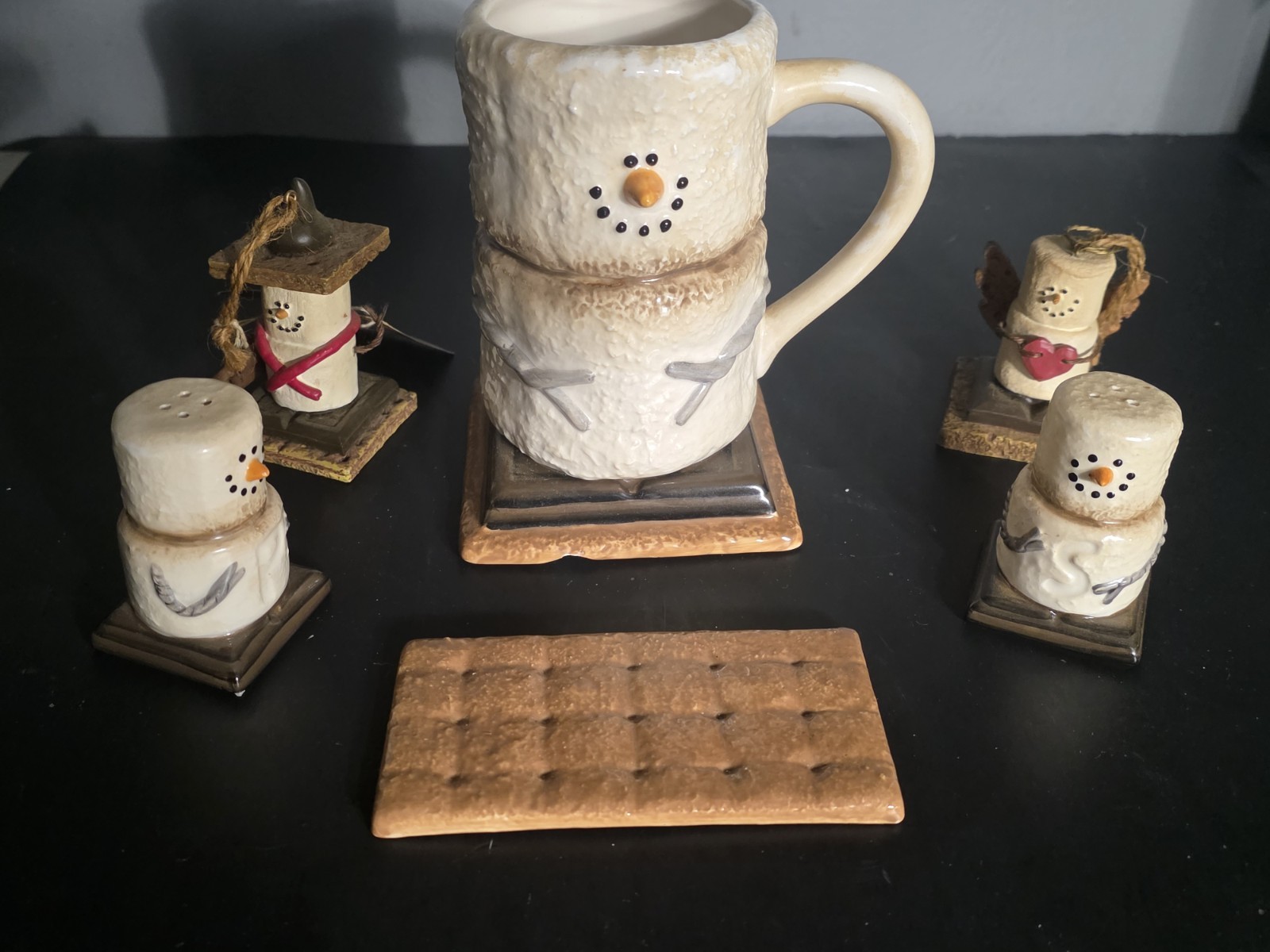 S’mores Marshmallow Snowman Coffee Mug And 2 Salt Shakers 2 Smores Ornaments 
