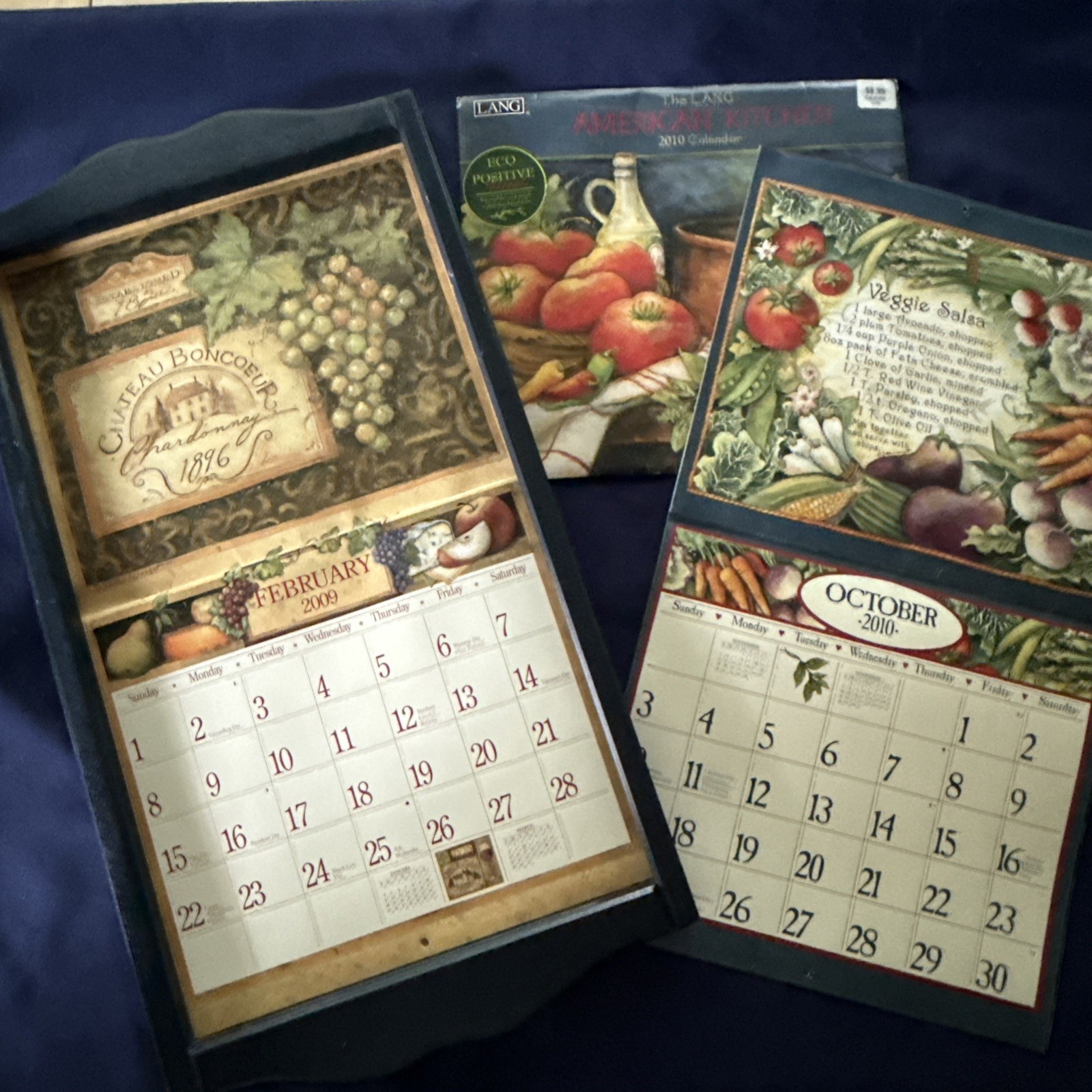Vtg Wooden LANG Calendar Frame Hanger Navy + 2 Susan Winget Wall Calendars