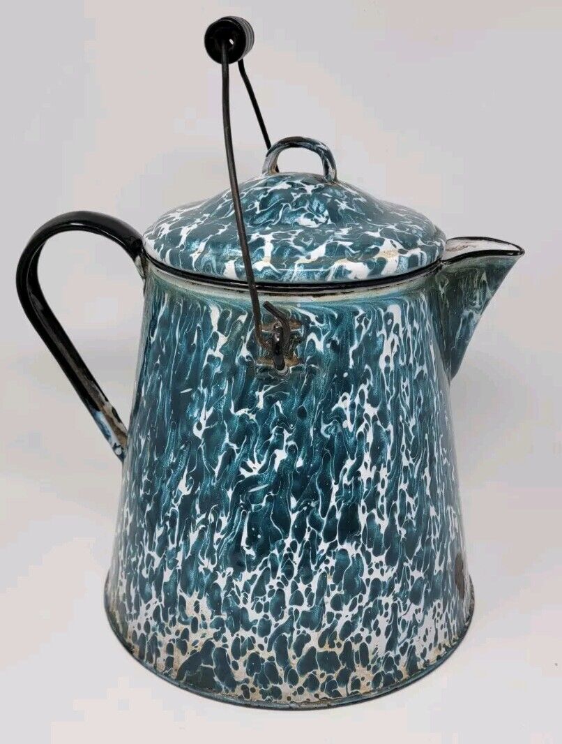 Antique Aqua Green Chyrsolite Swirl Cowboy Coffee Pot Graniteware Enamelware 