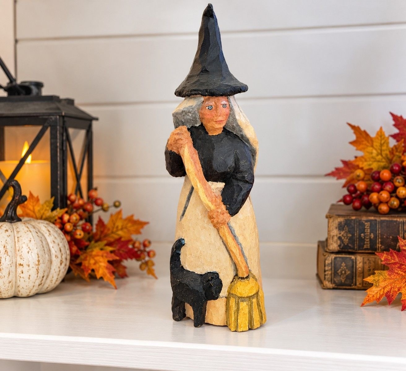 Hand Carved Solid Wood Halloween Witch Black Cat Broom Folk Art Figurine 9.5