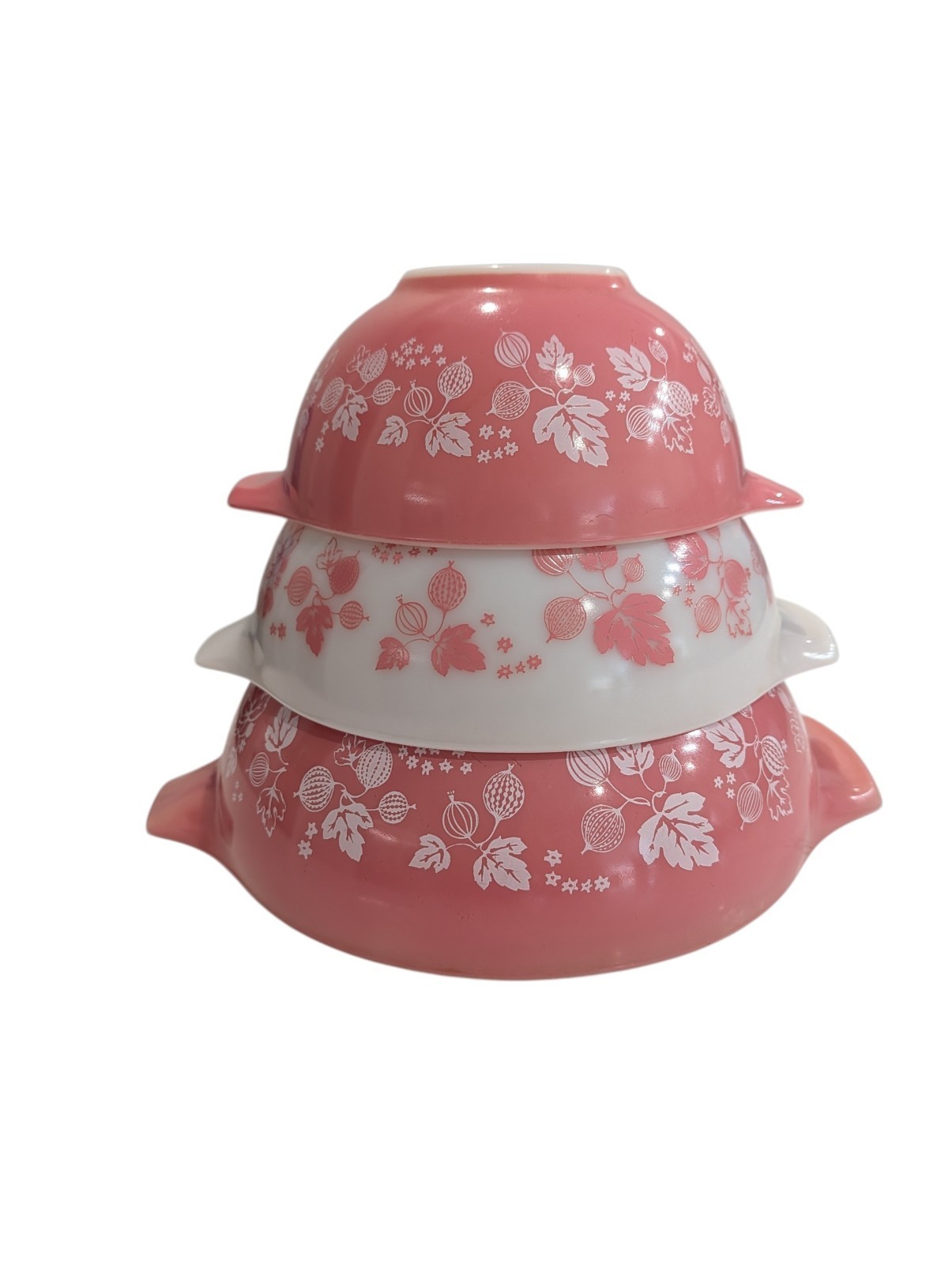 PYREX Pink/White Gooseberry 3pc Nesting Mixing Bowl Set 401 402 403 PYREX Pink/White Gooseberry 3pc Nesting Mixing Bowl Set 401 402 403