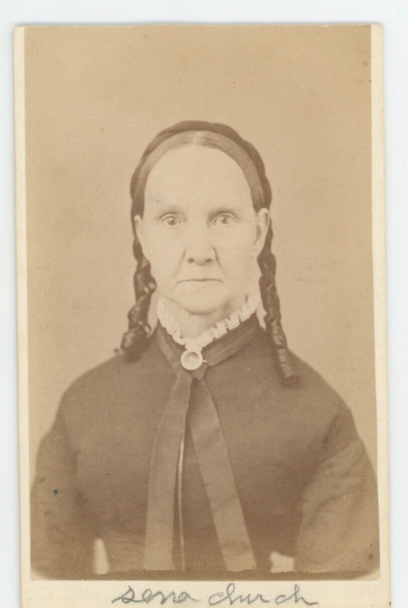 Antique ID'd CDV Circa 1870s Lovely Woman in Curls Named Sena Church Medina, NY