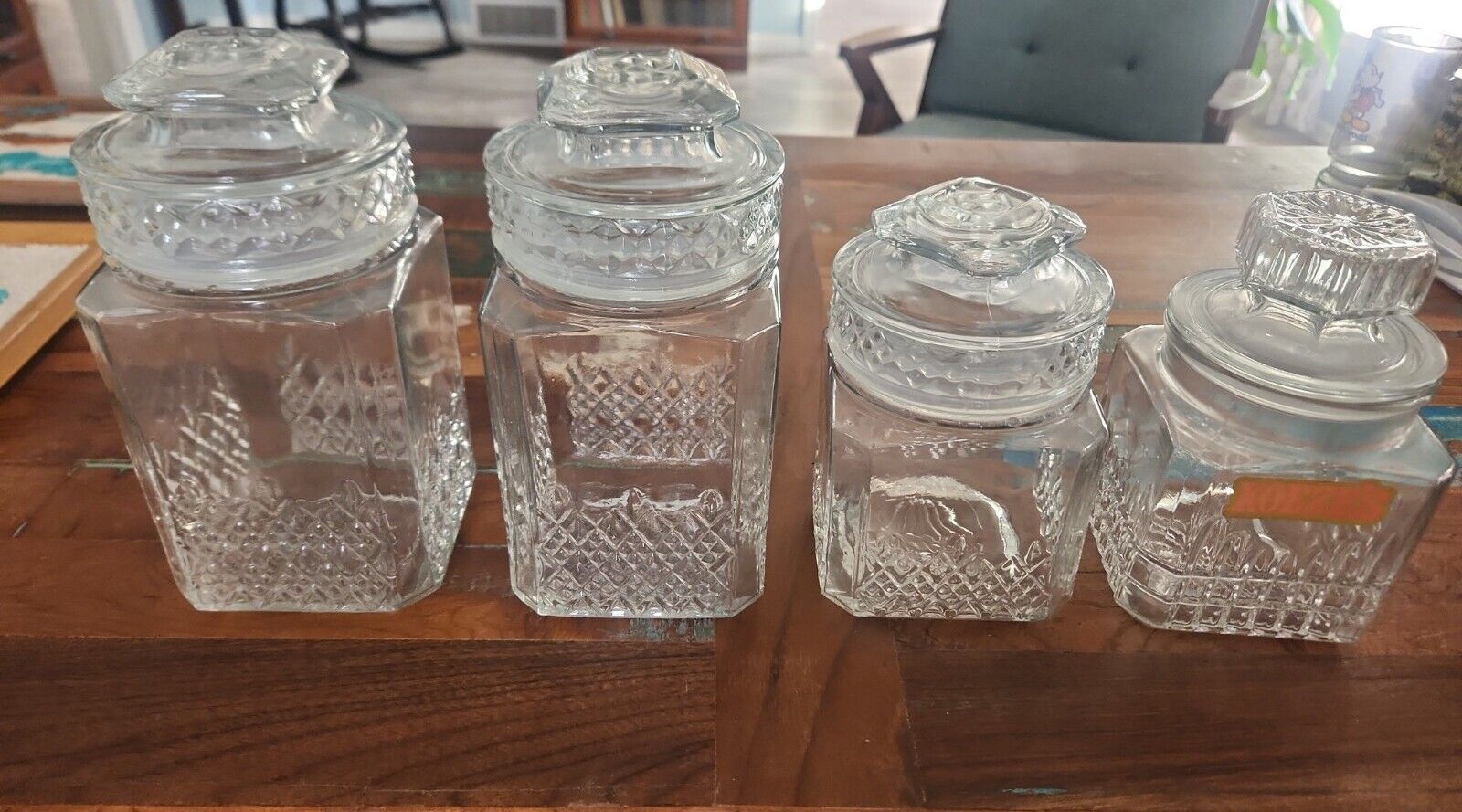 Set Of 4 Collectible Koeze\'s Clear Glass Apothecary Jar Canister Jar 9” & 7.5\