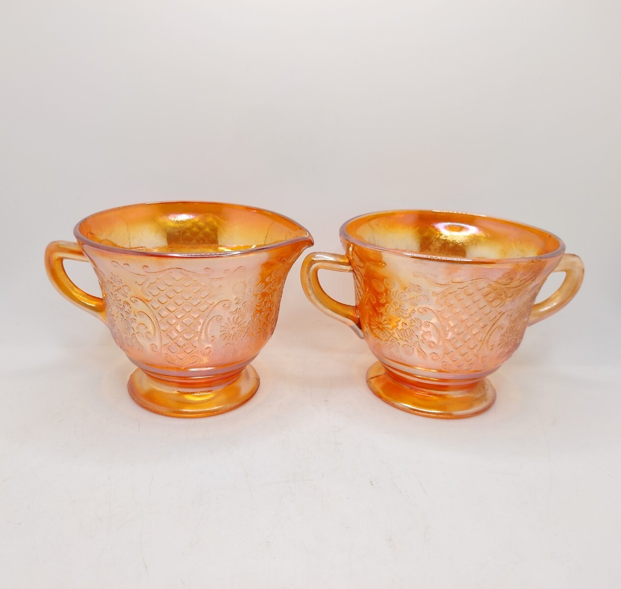 Vtg Federal Normandie Bouquet Lattice Marigold Carnival Glas Sugar & Creamer Set