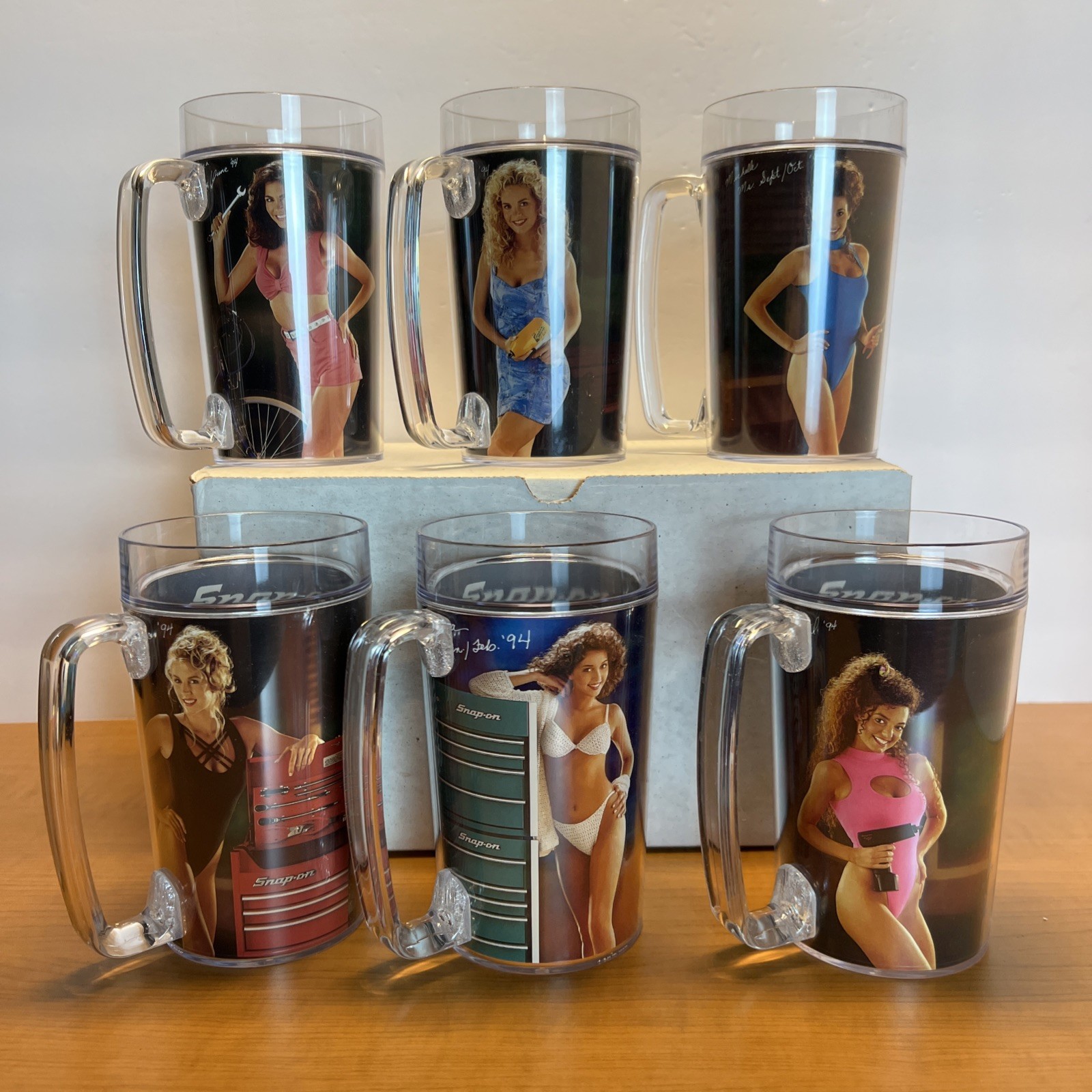 NOS 1994 Snap-On Tools Calendar Girl Insulated Plastic Mug Set - (6) Thermo Cup
