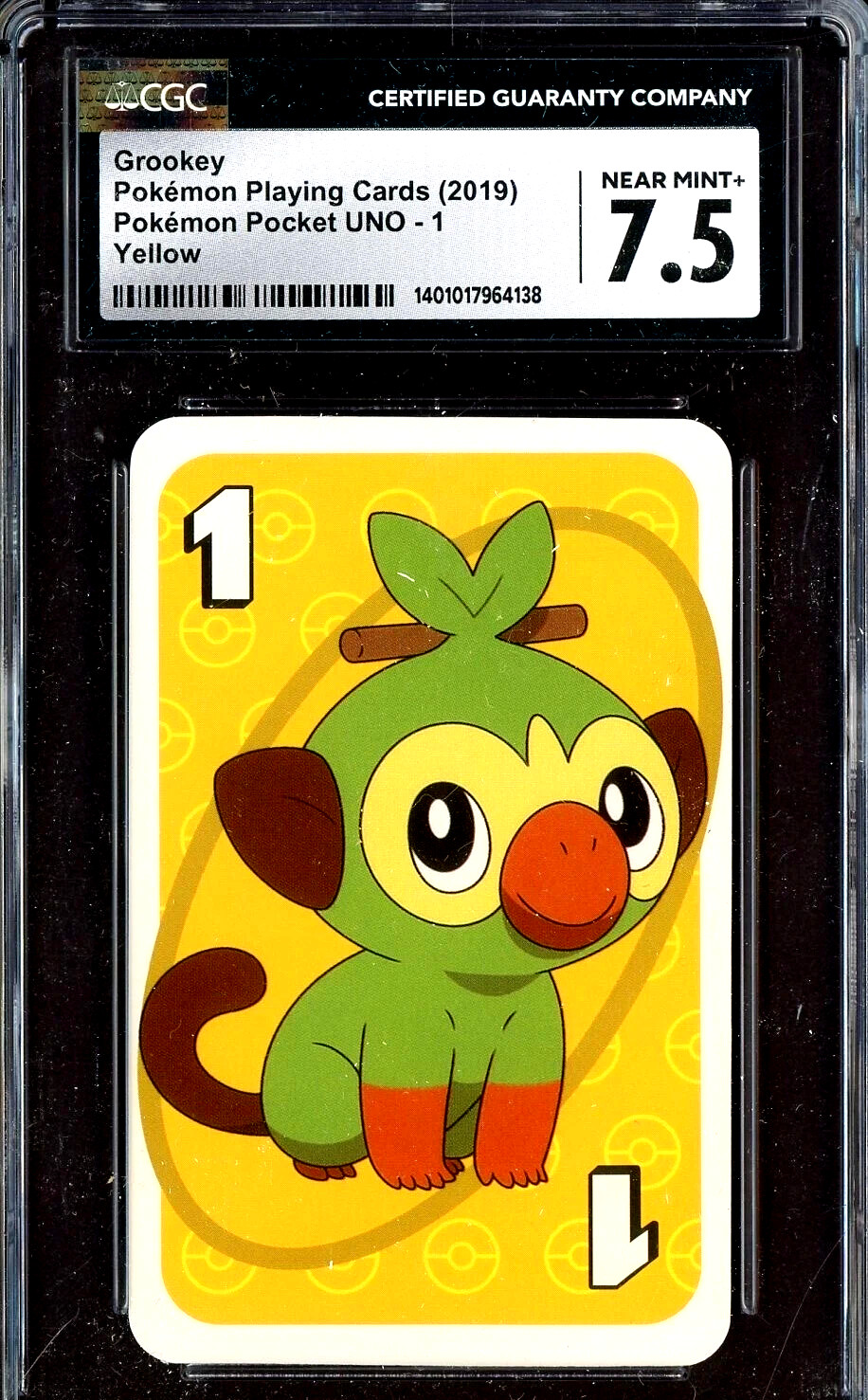 2019 Pokemon Playing Cards UNO 1 Yellow Grookey CGC 7.5